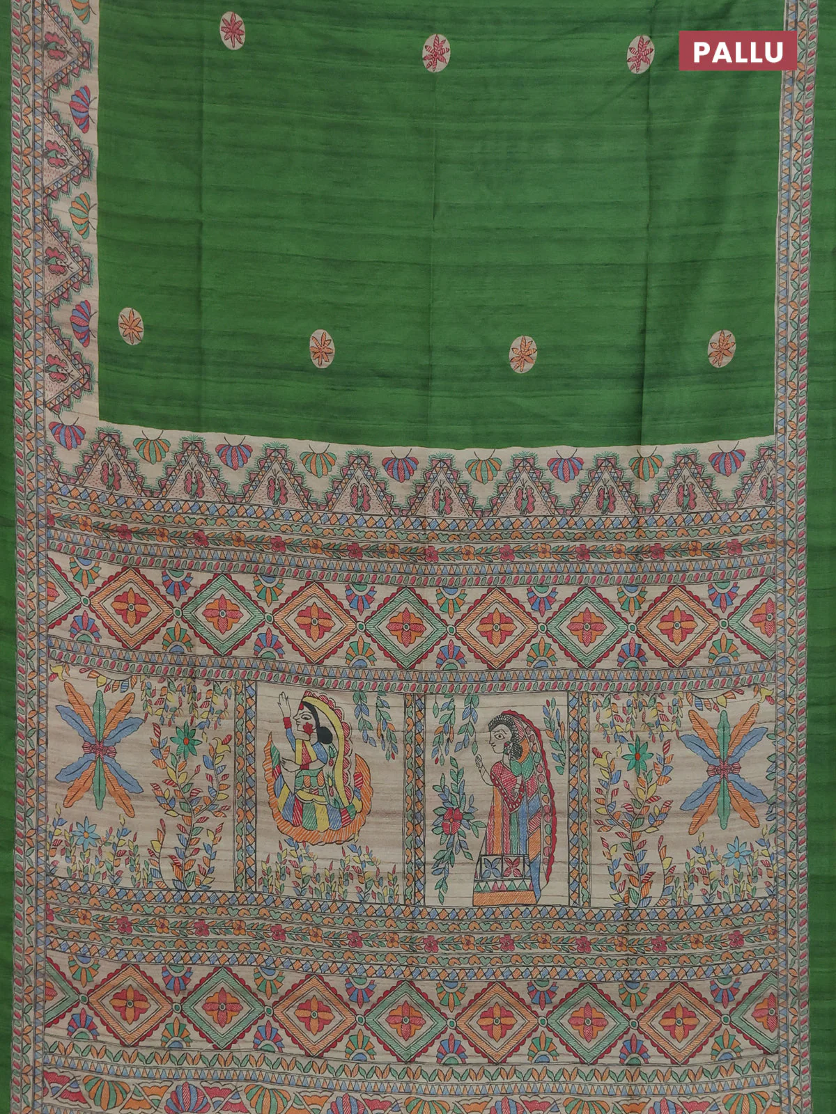 Semi tussar saree green and cream with butta prints and madhubani printed pallu & border - Image 3