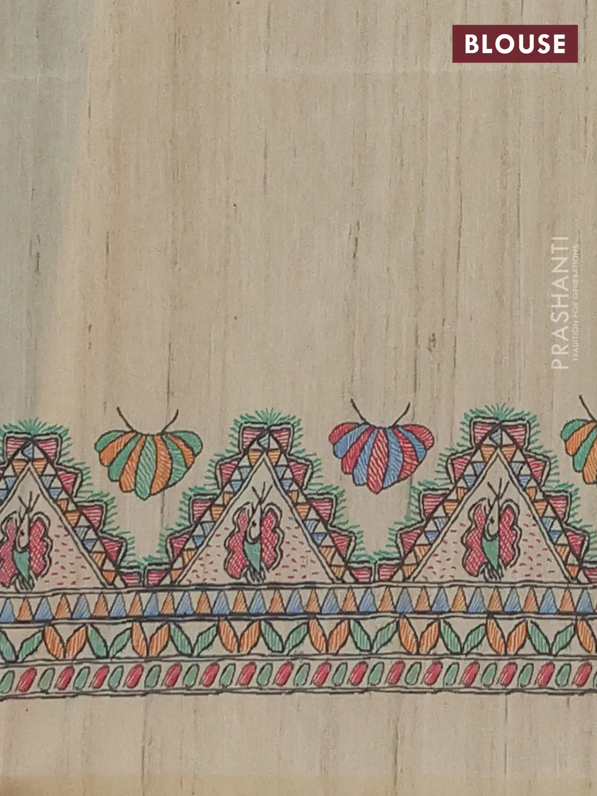 Semi tussar saree green and cream with butta prints and madhubani printed pallu & border - Image 4