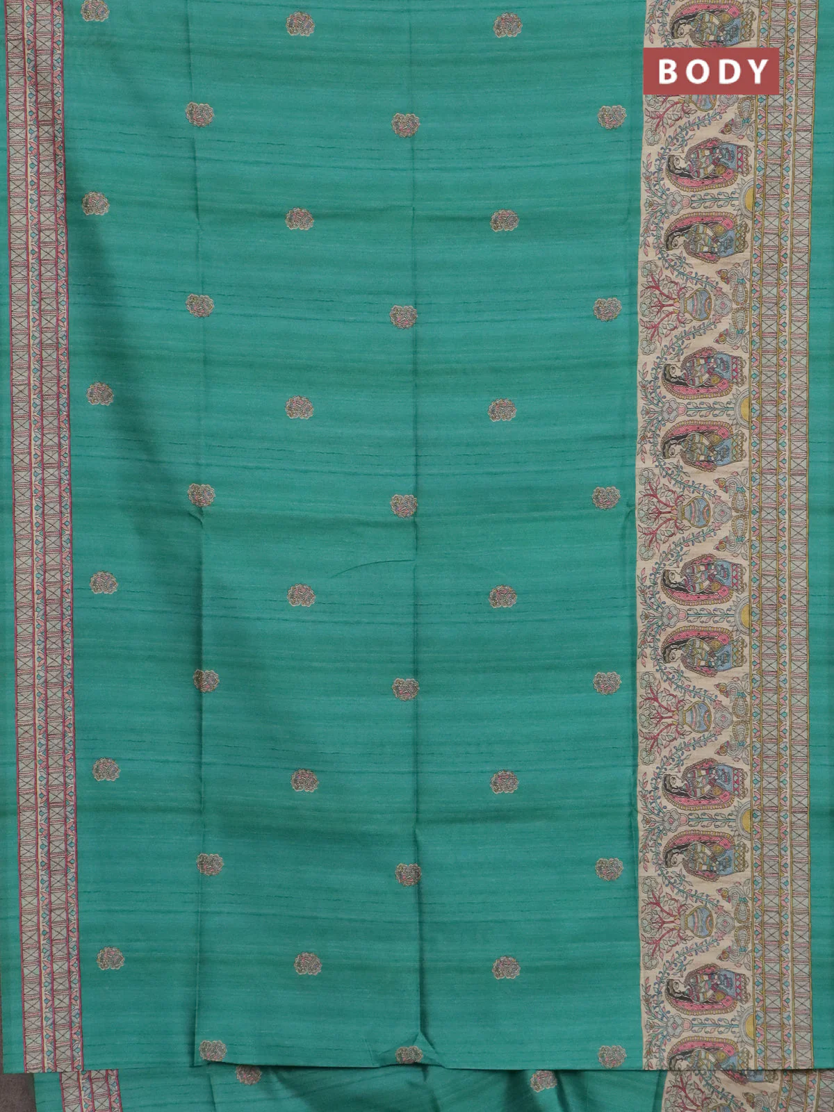 Semi tussar saree green and cream with paisley butta prints and madhubani printed pallu & border - Image 2