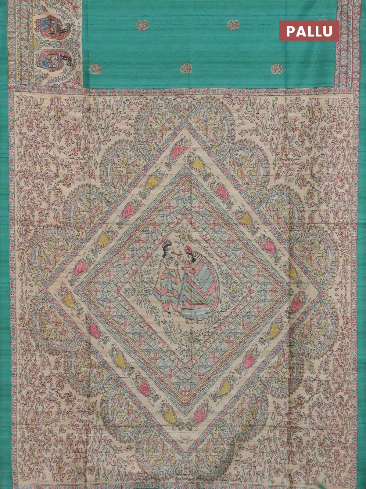 Semi tussar saree green and cream with paisley butta prints and madhubani printed pallu & border - Image 3