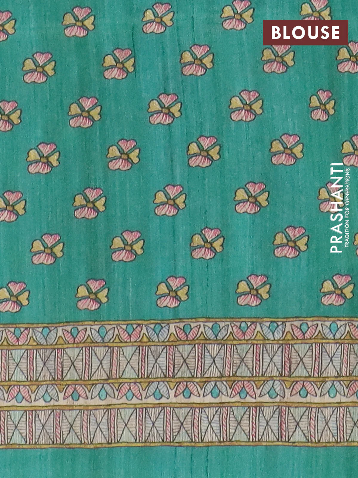 Semi tussar saree green and cream with paisley butta prints and madhubani printed pallu & border - Image 4