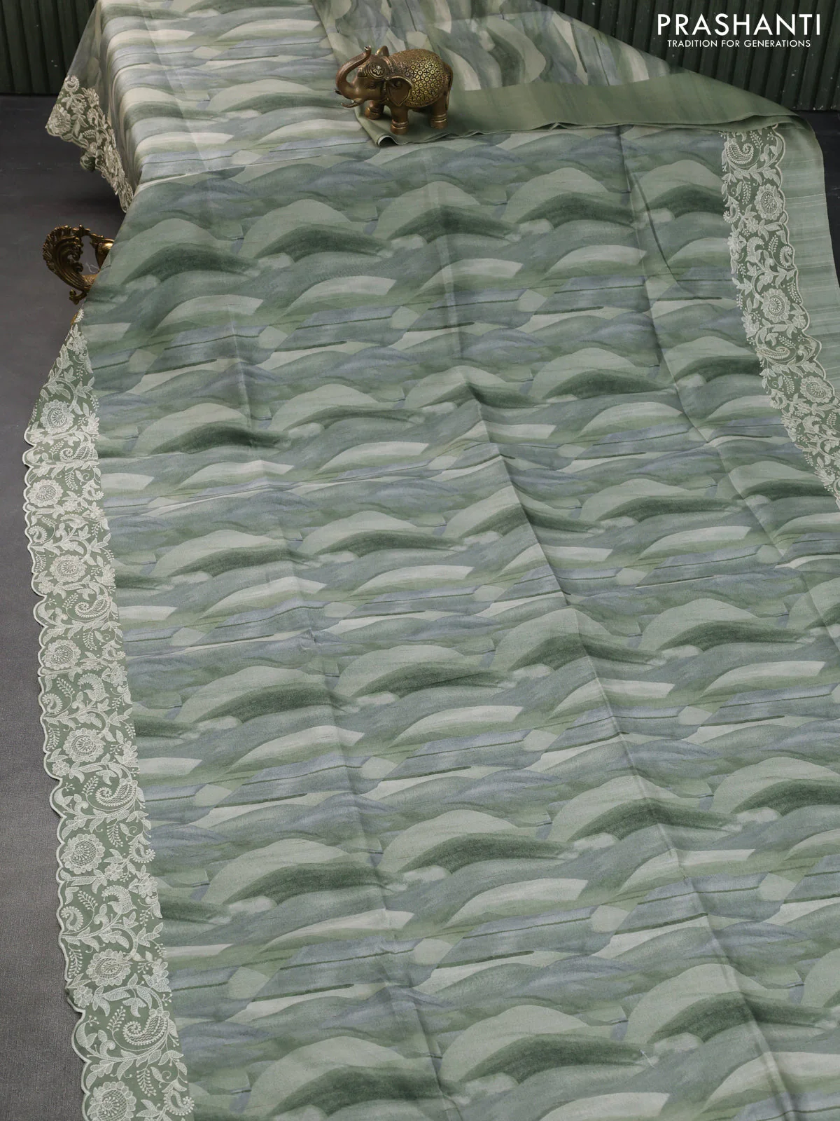 Semi tussar saree green and grey with allover digital prints and chikankari work border - Image 2
