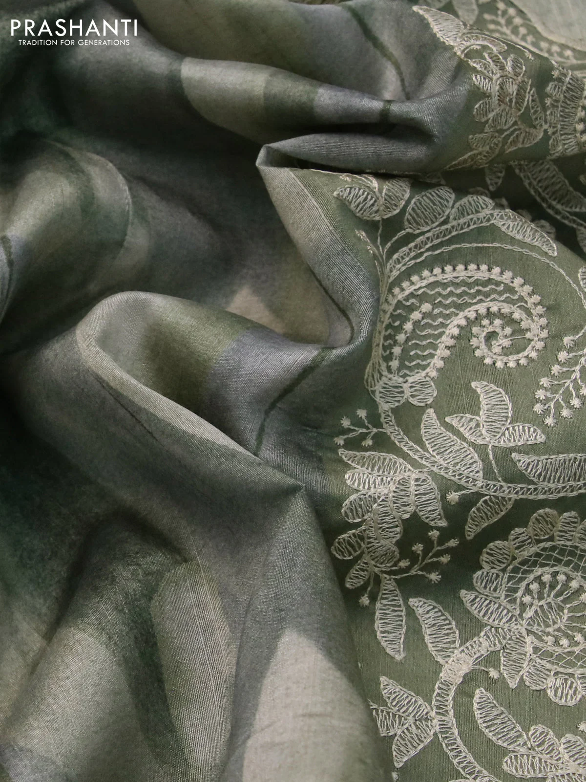 Semi tussar saree green and grey with allover digital prints and chikankari work border - Image 3