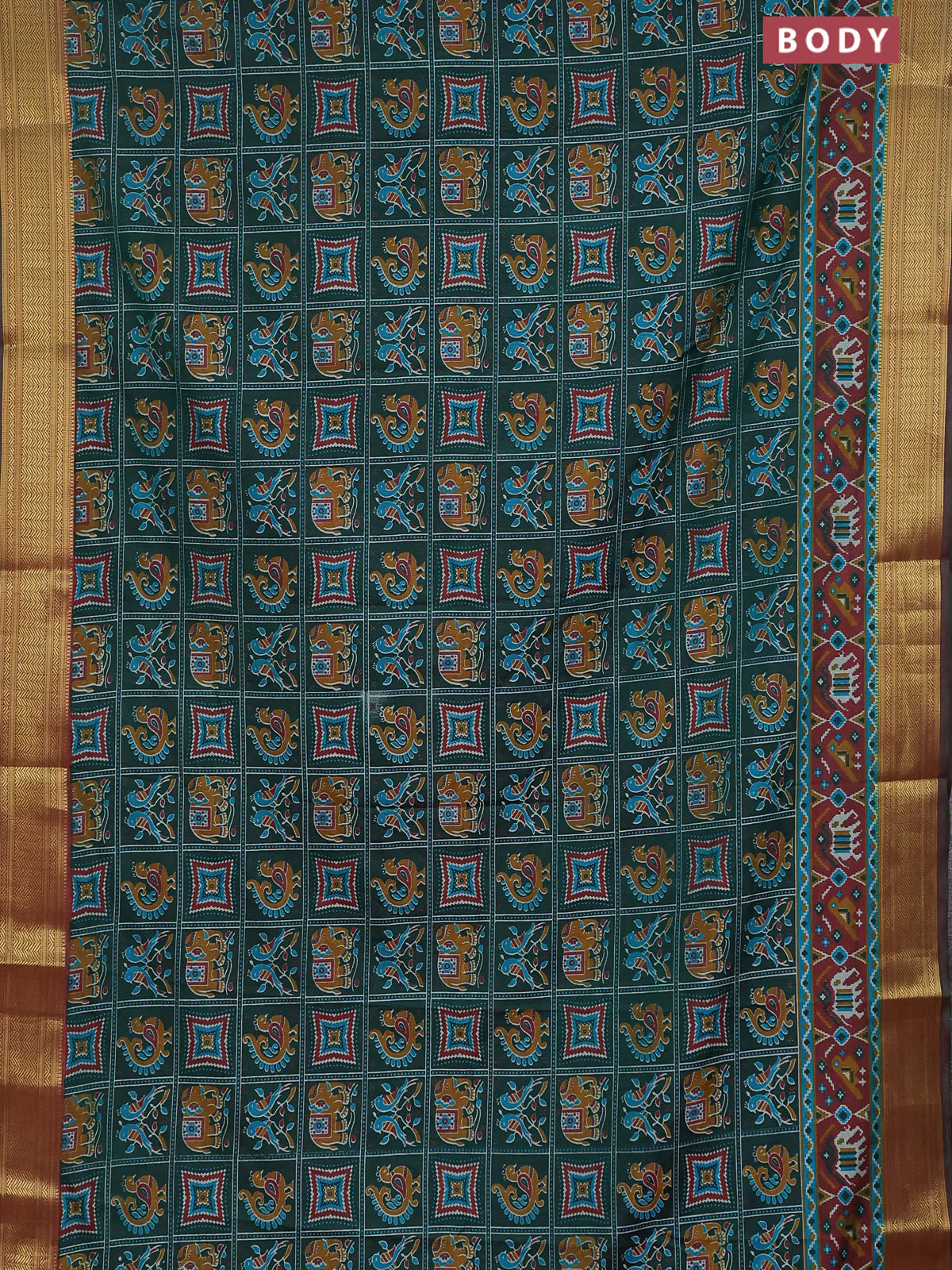 Semi tussar saree green and maroon with allover ikat prints and zari woven border - Image 2
