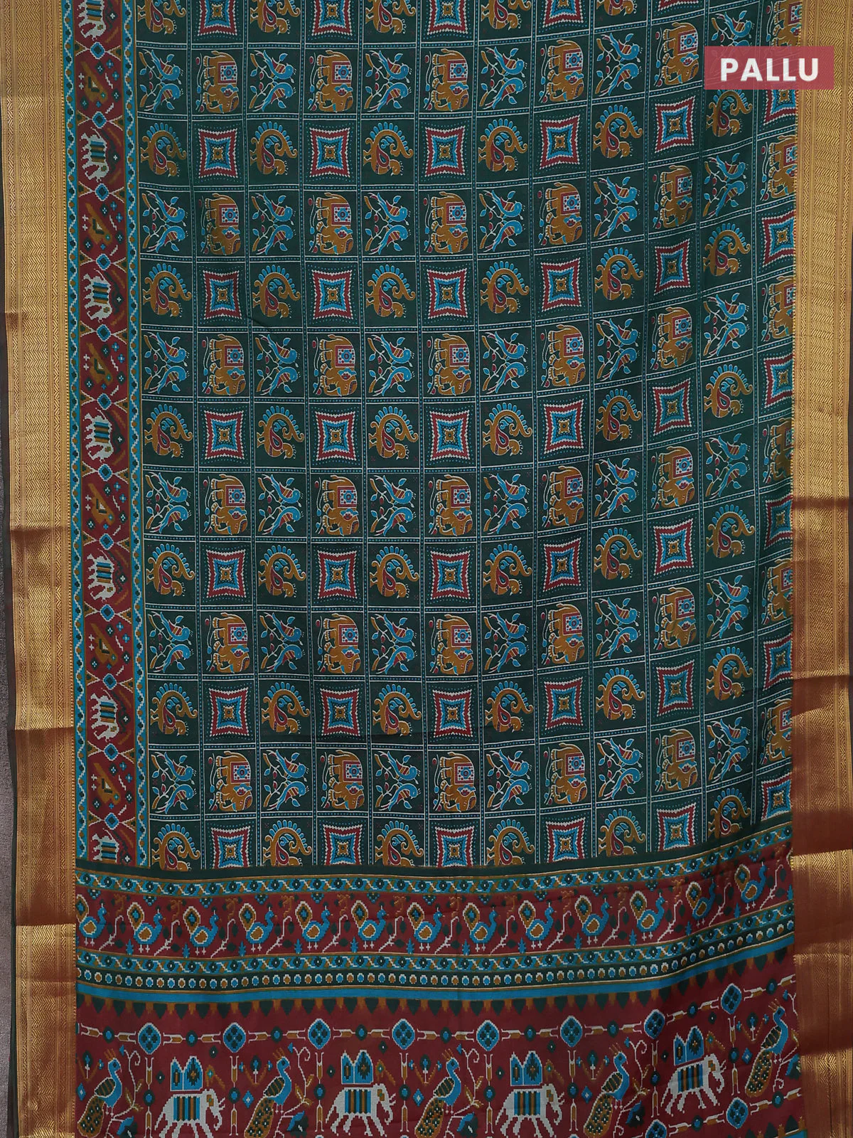 Semi tussar saree green and maroon with allover ikat prints and zari woven border - Image 3