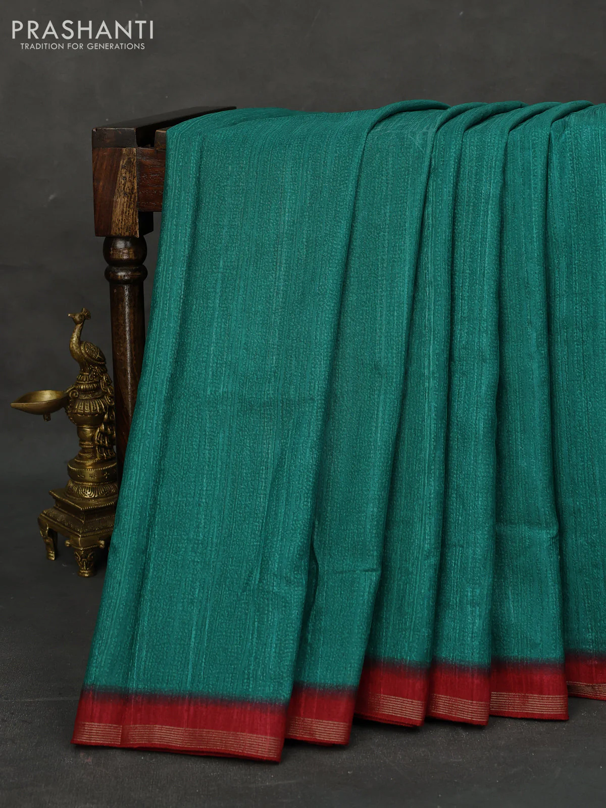 Semi tussar saree green and maroon with plain body and kalamkari printed pallu - Image 2