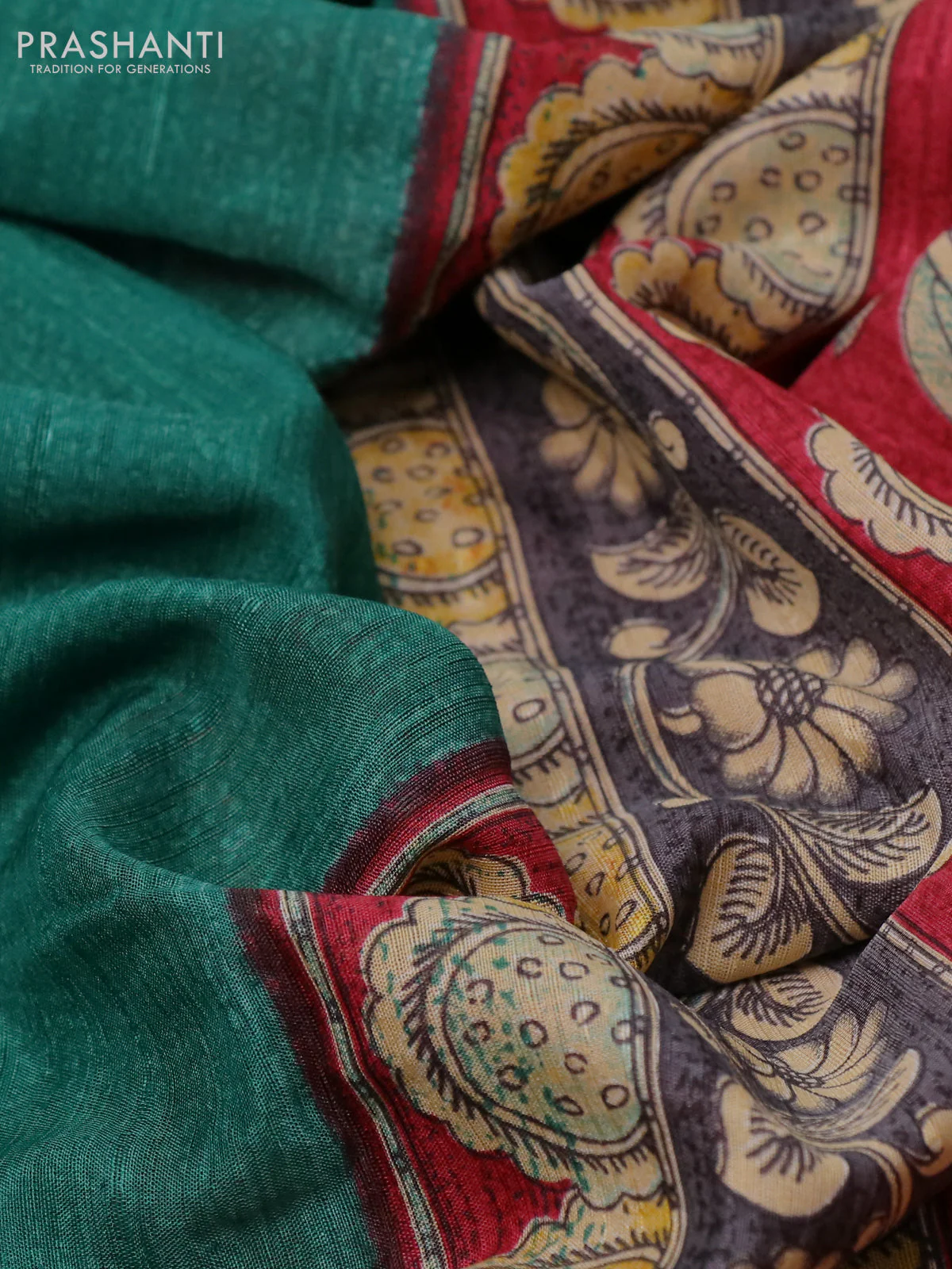 Semi tussar saree green and maroon with plain body and kalamkari printed pallu - Image 3