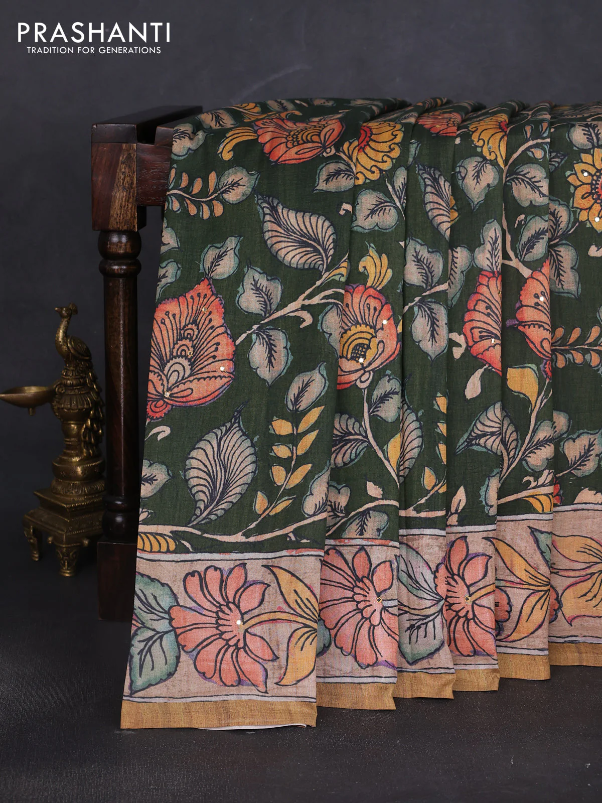 Semi tussar saree green and mustard yellow with allover kalamkari prints and mirror work - Image 2
