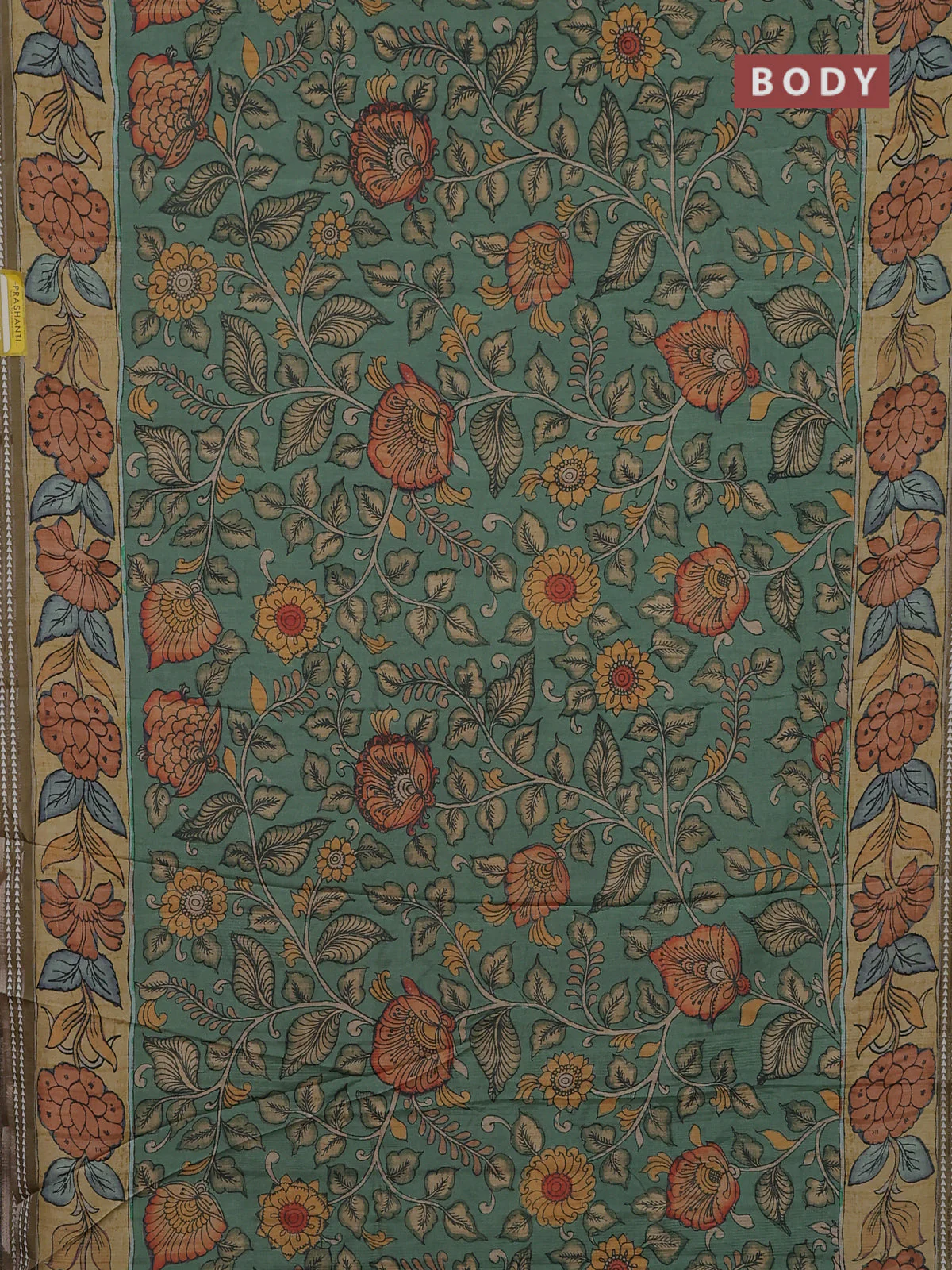 Semi tussar saree green and mustard yellow with allover kalamkari prints and printed border - Image 2