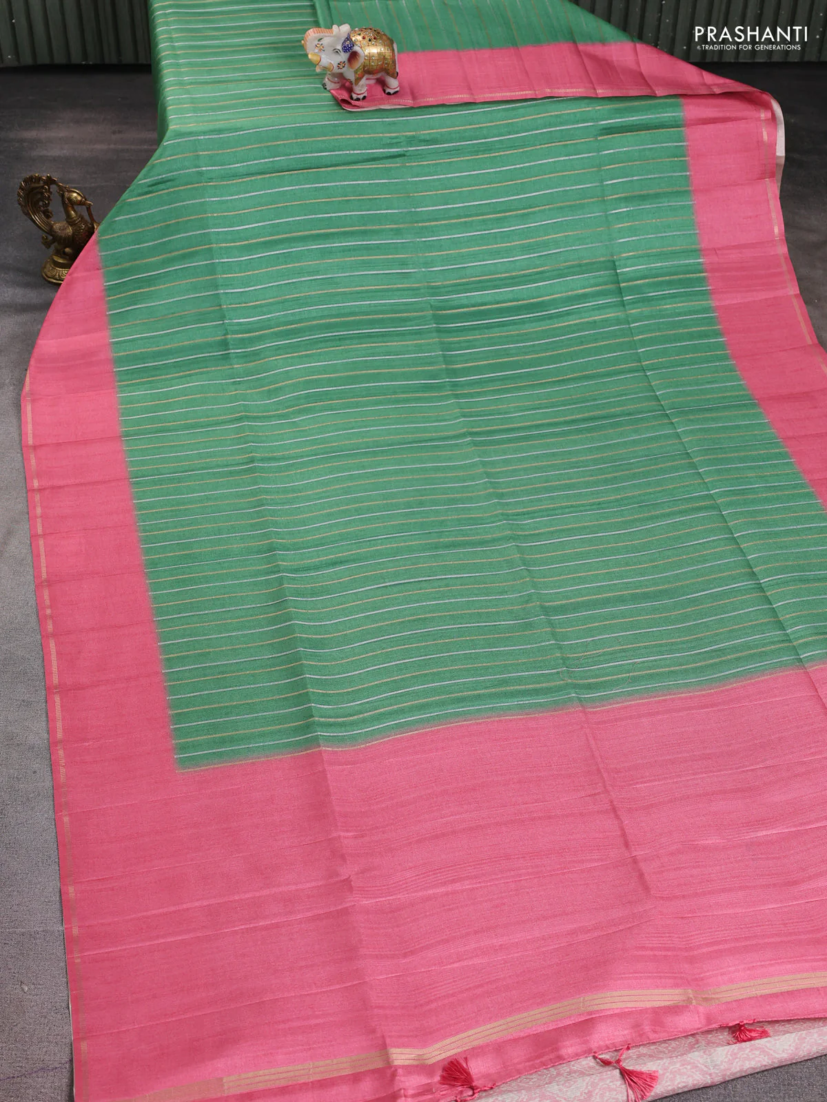 Semi tussar saree green and peach pink with allover silver & gold zari weaves and simple zari border - Image 2