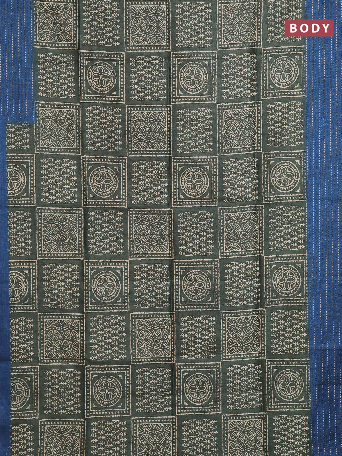 Semi tussar saree green and peacock blue with allover batik prints and katha stitch work pallu & border - Image 2