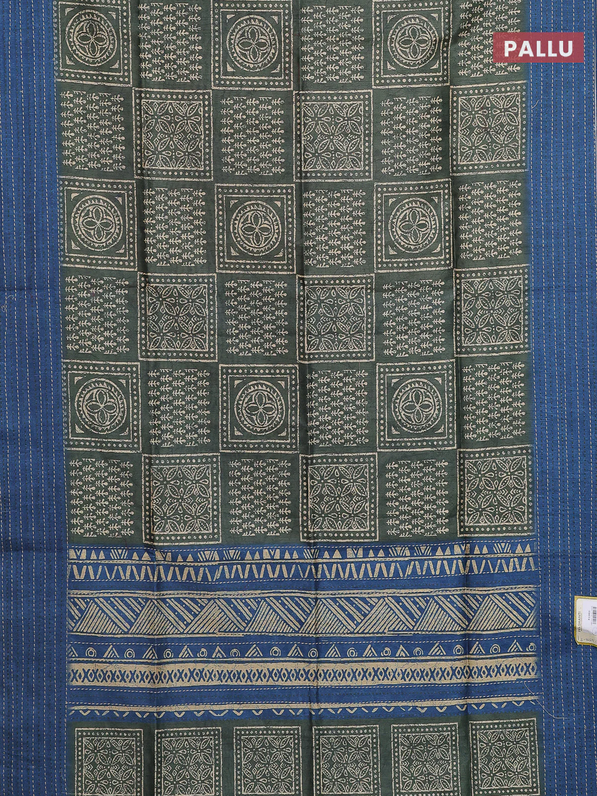 Semi tussar saree green and peacock blue with allover batik prints and katha stitch work pallu & border - Image 3