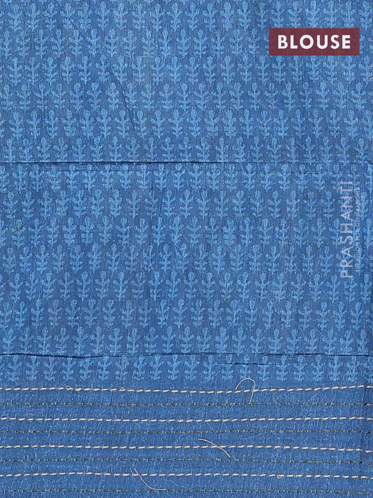 Semi tussar saree green and peacock blue with allover batik prints and katha stitch work pallu & border - Image 4