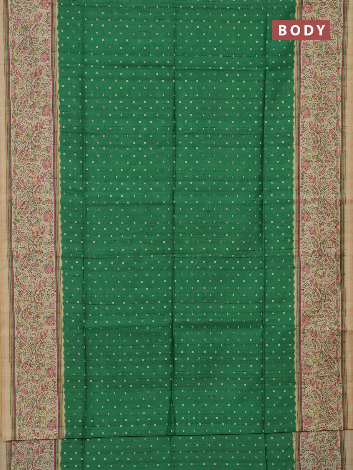 Semi tussar saree green and sandal with bandhini butta prints and printed border - Image 2
