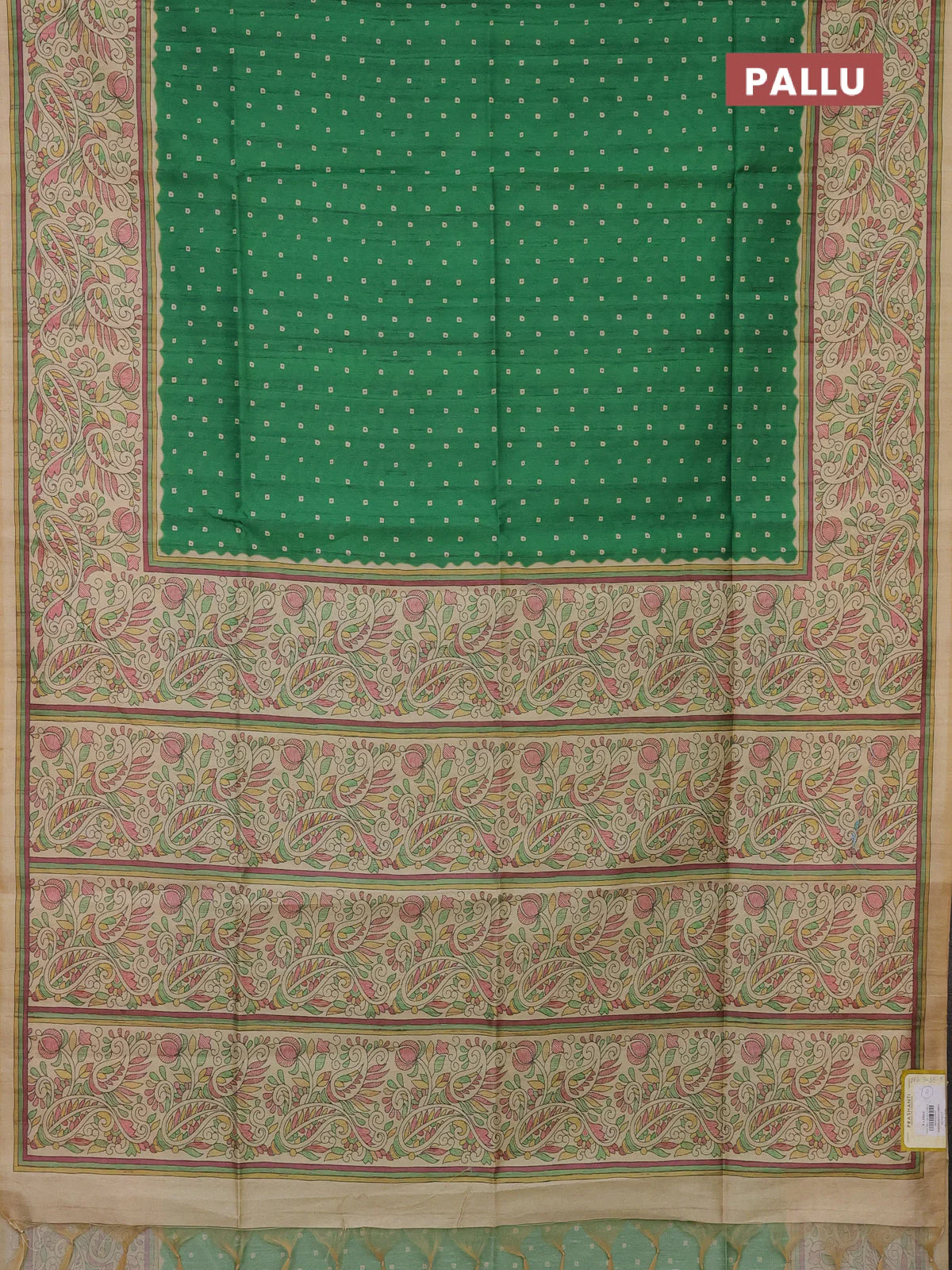 Semi tussar saree green and sandal with bandhini butta prints and printed border - Image 3