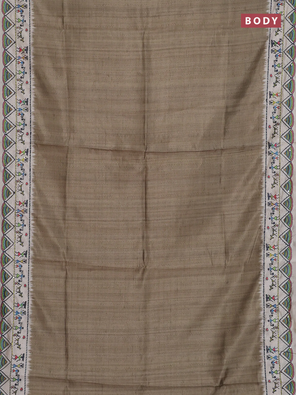 Semi tussar saree green shade and cream with plain body and warli prints kantha stitch work border - Image 2