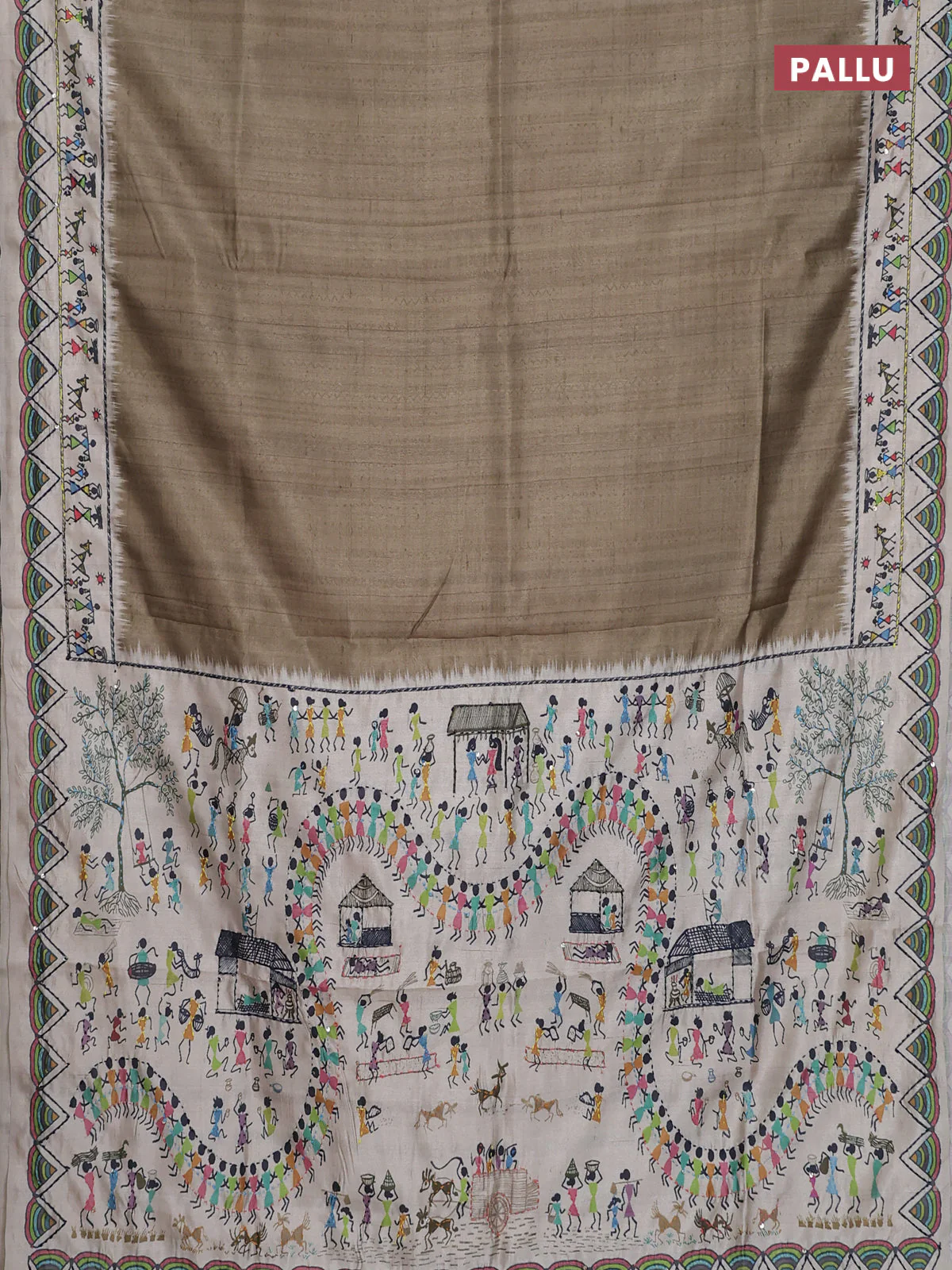 Semi tussar saree green shade and cream with plain body and warli prints kantha stitch work border - Image 3