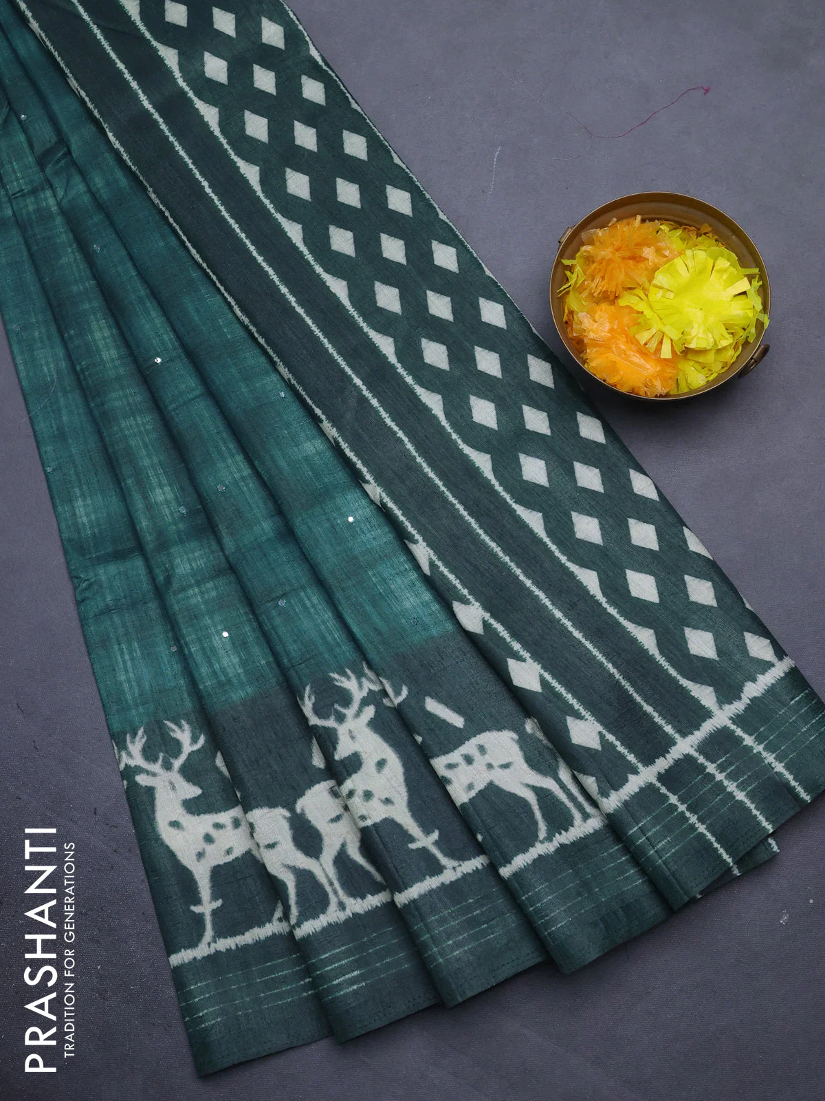 Semi tussar saree green shade with allover mirror work and printed border - Image 2