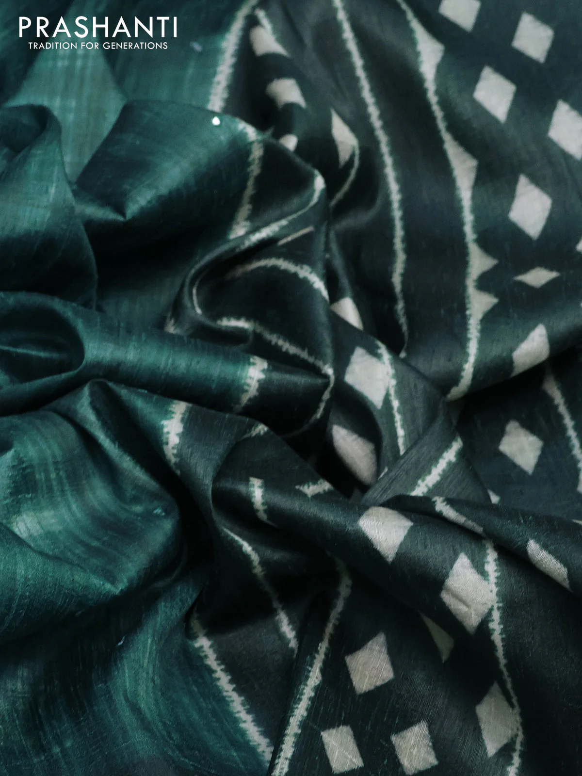 Semi tussar saree green shade with allover mirror work and printed border - Image 3