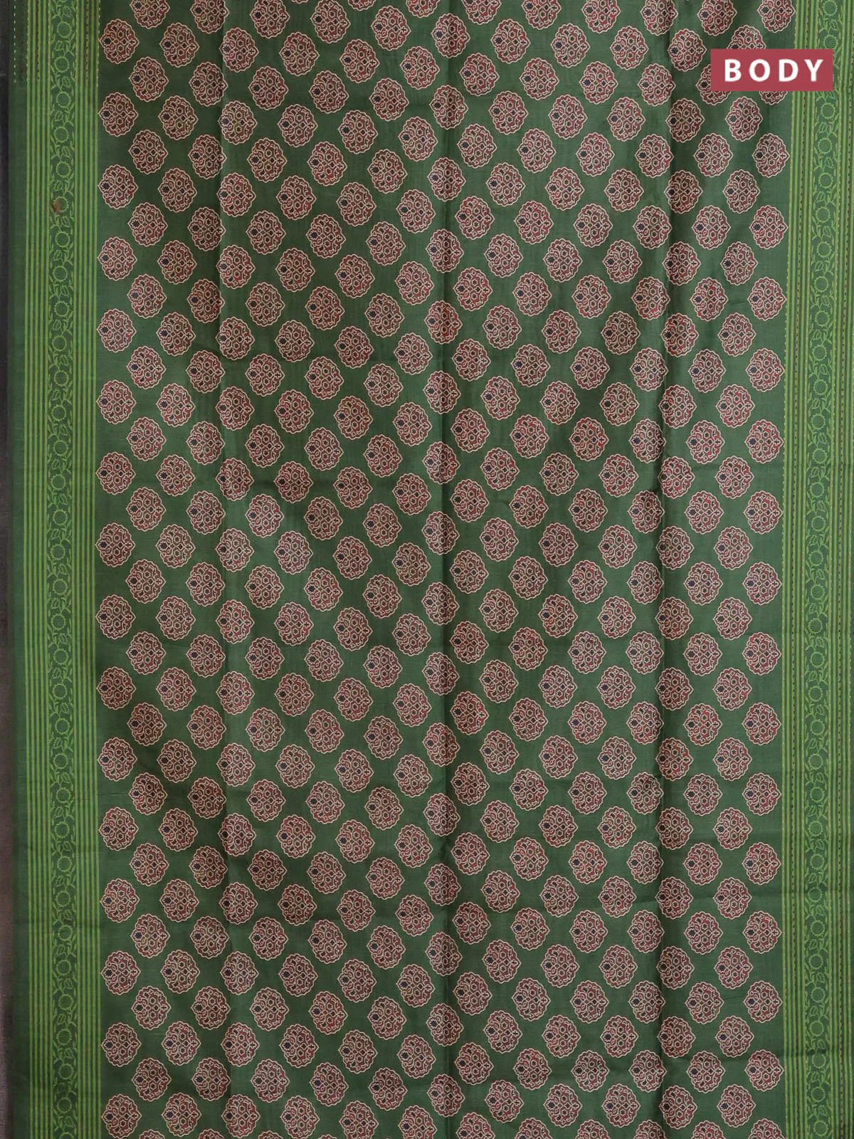 Semi tussar saree green with allover ajrakh butta prints and katha stitch work pallu & border - Image 2