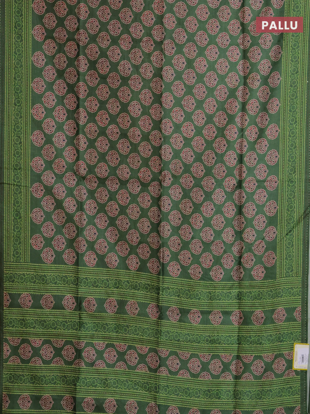 Semi tussar saree green with allover ajrakh butta prints and katha stitch work pallu & border - Image 3