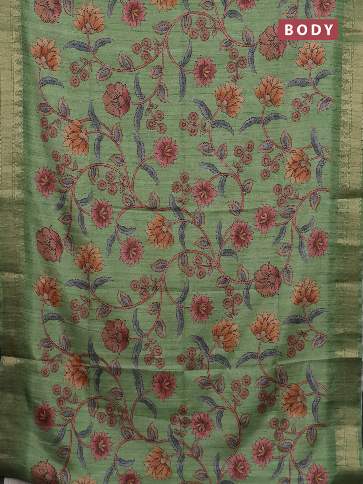 Semi tussar saree green with allover floral prints and zari woven border - Image 2