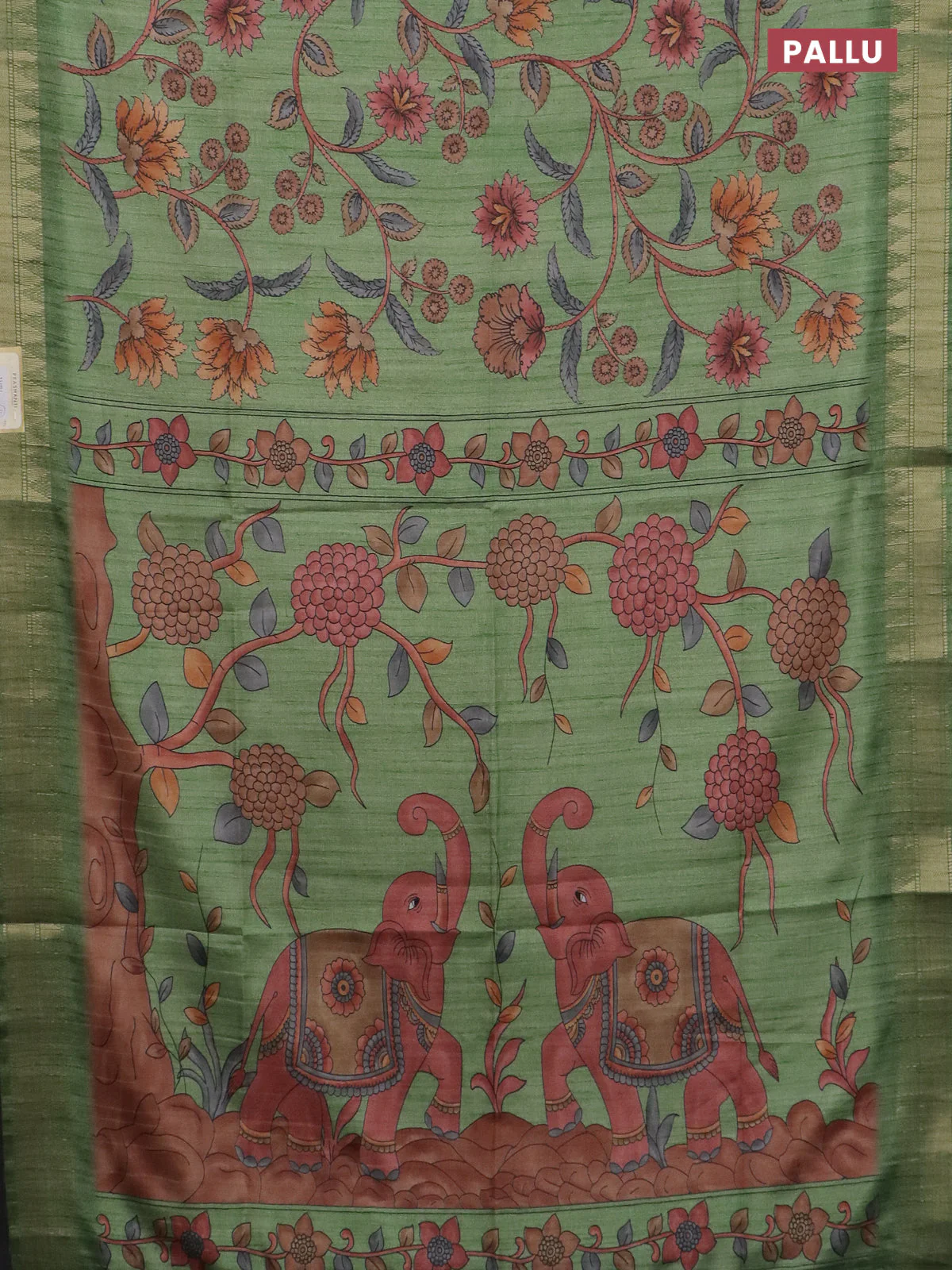 Semi tussar saree green with allover floral prints and zari woven border - Image 3