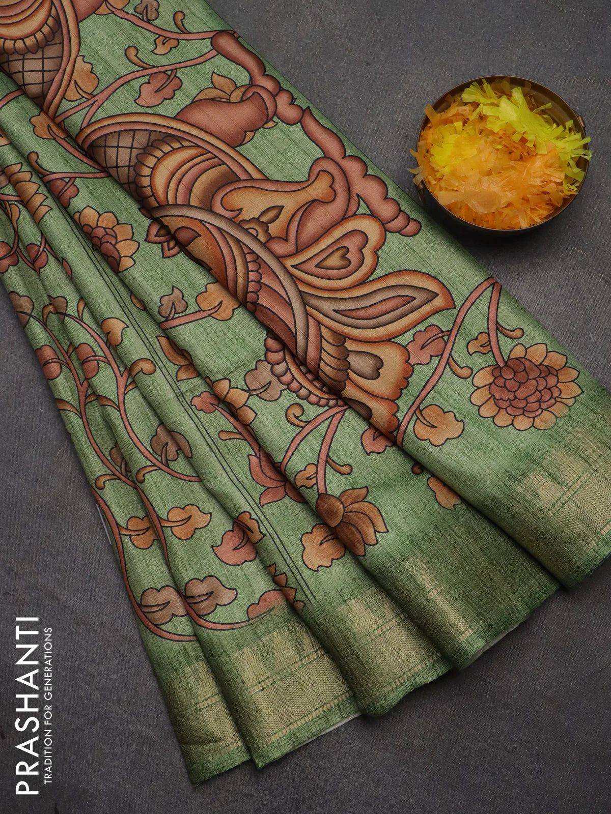 Semi tussar saree green with allover floral prints and zari woven border