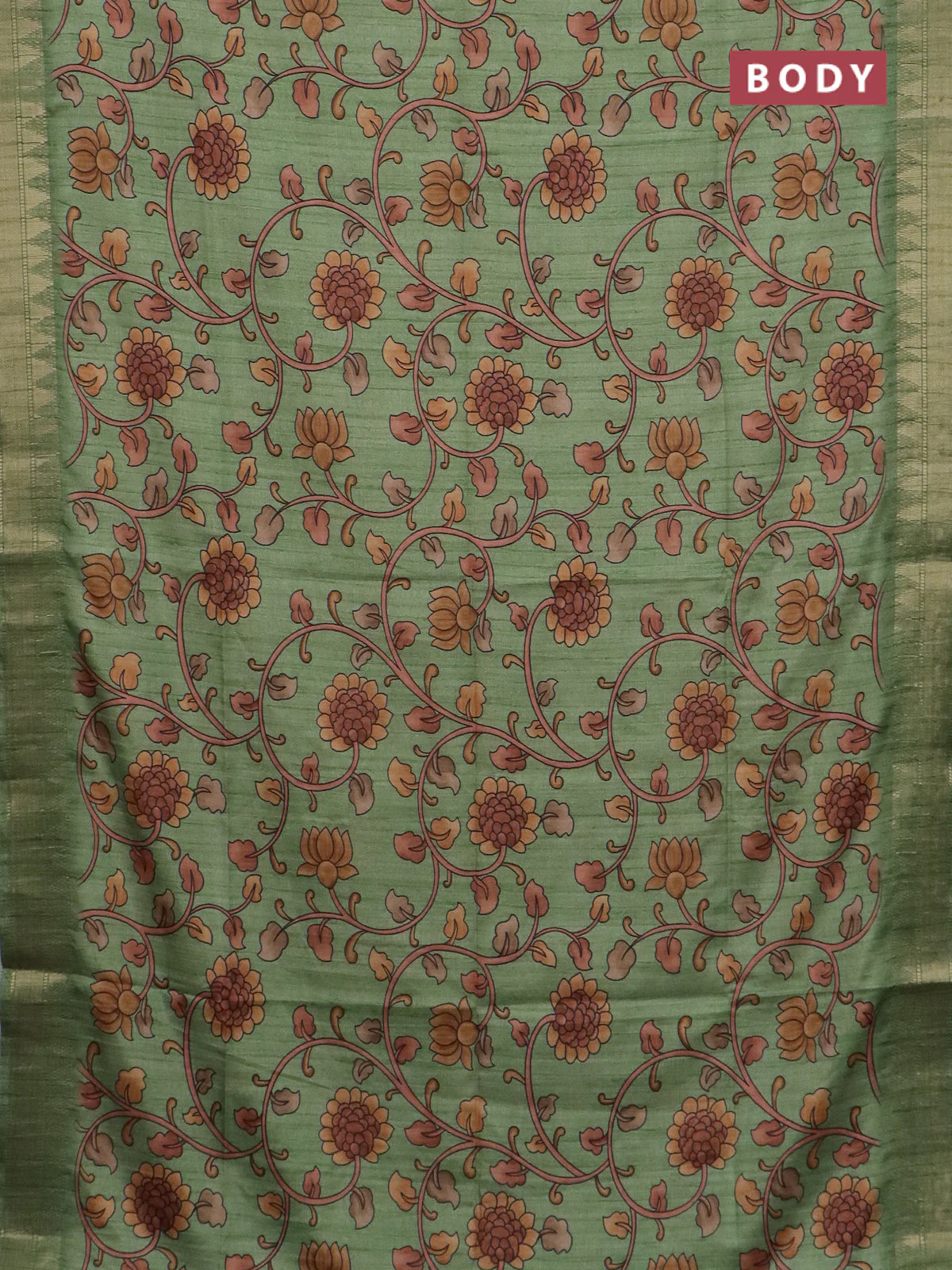 Semi tussar saree green with allover floral prints and zari woven border - Image 2