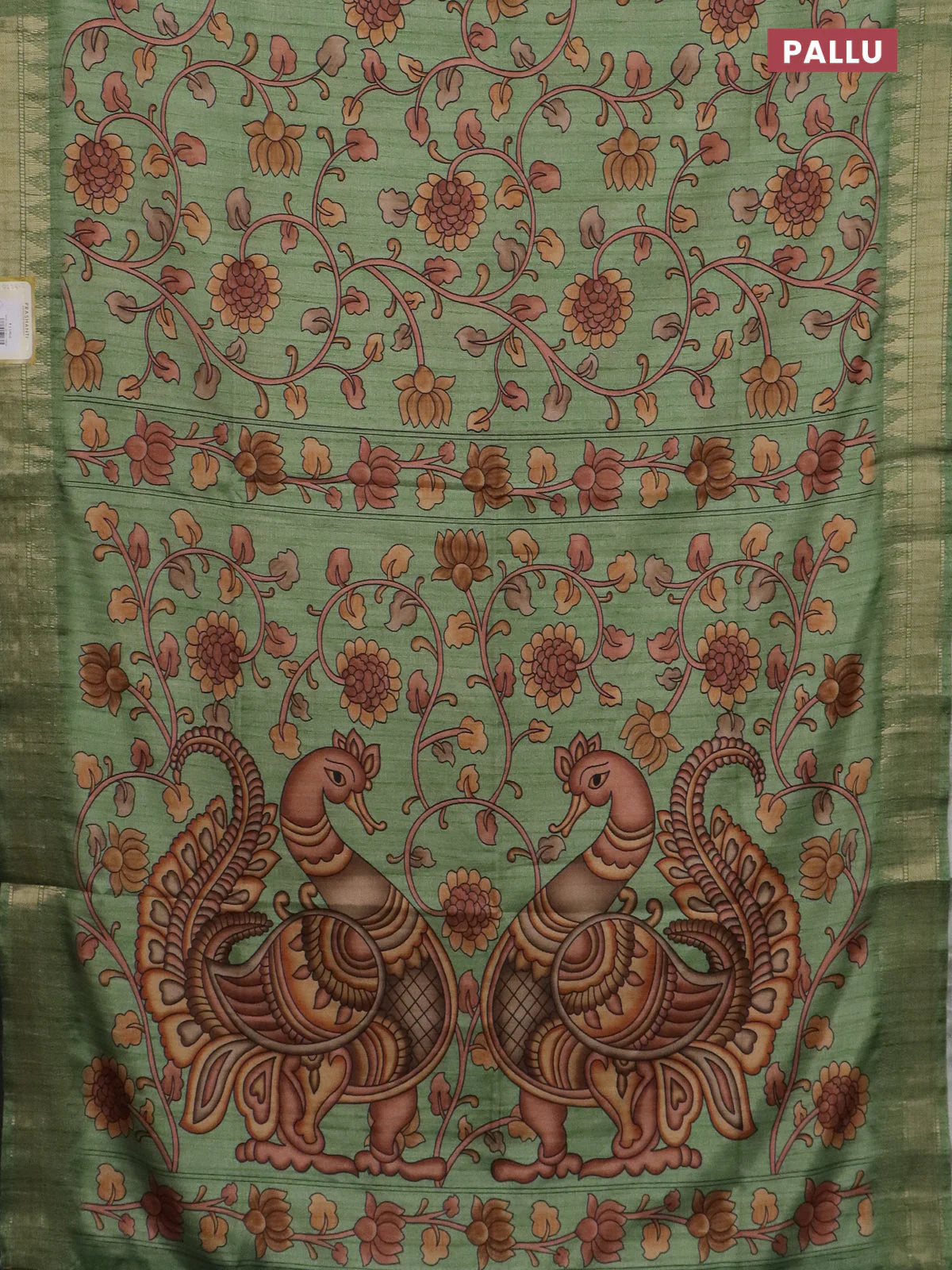 Semi tussar saree green with allover floral prints and zari woven border - Image 3