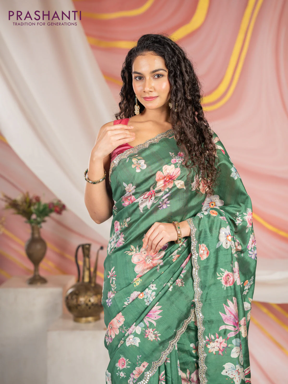 Semi tussar saree green with allover floral prints & mirror sequin work and mirror work border - Image 4