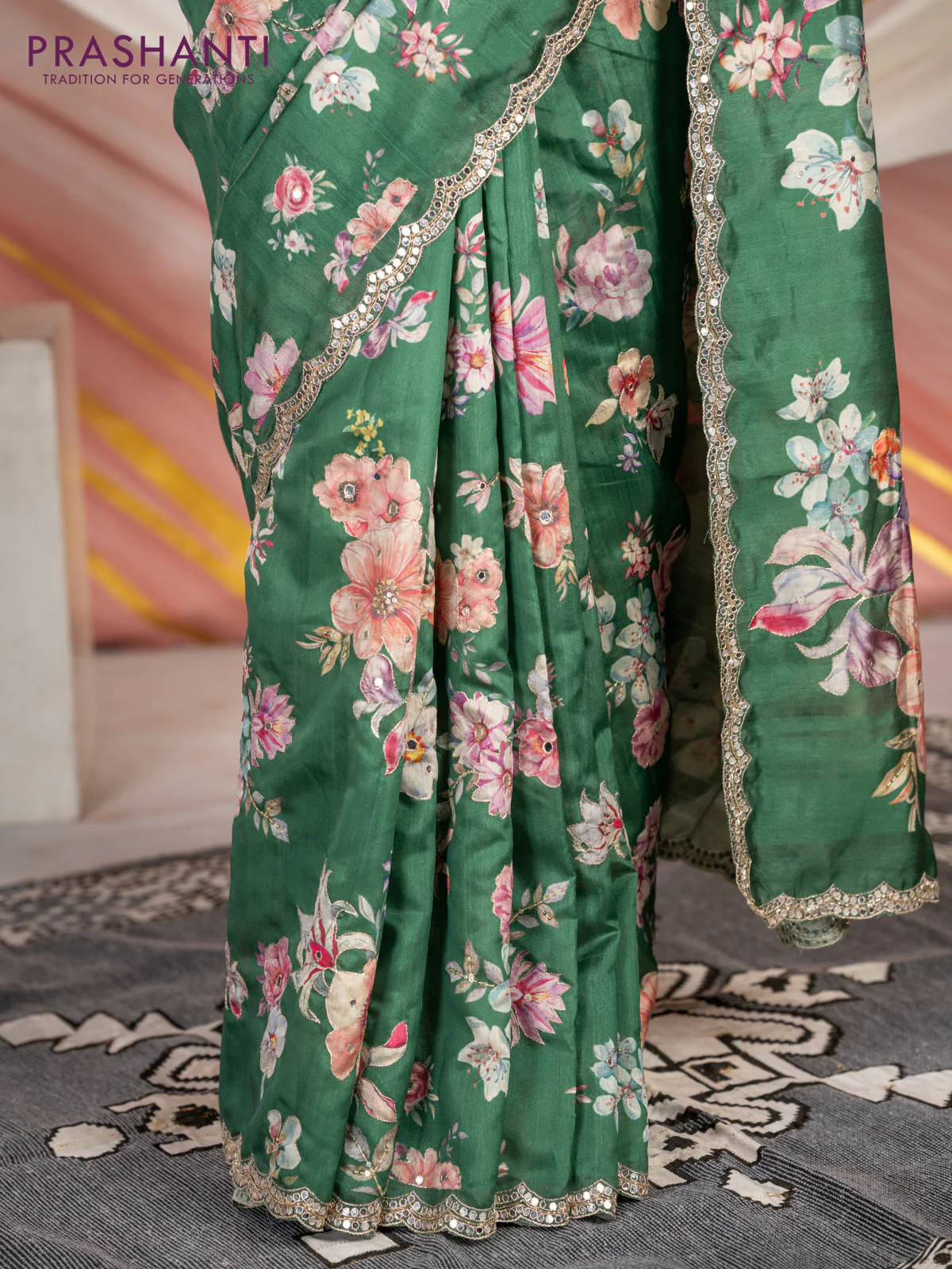 Semi tussar saree green with allover floral prints & mirror sequin work and mirror work border - Image 5