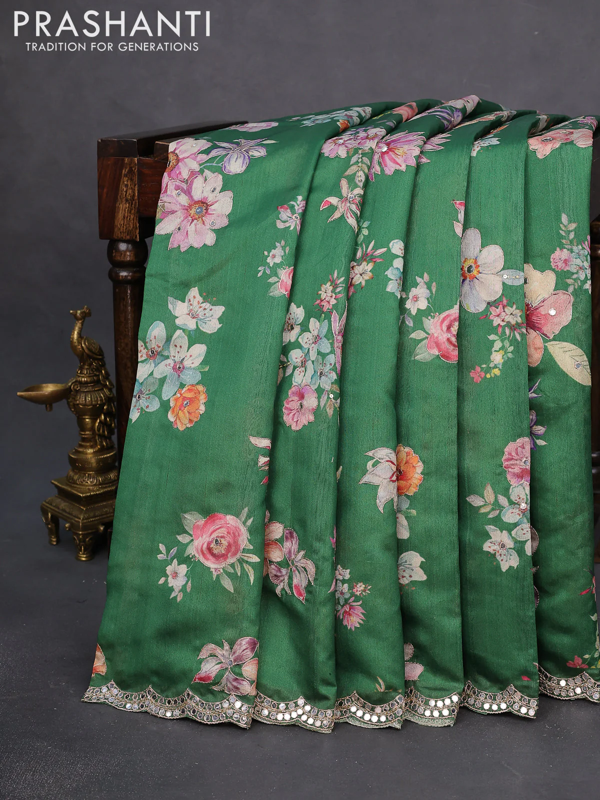 Semi tussar saree green with allover floral prints & mirror sequin work and mirror work border - Image 6