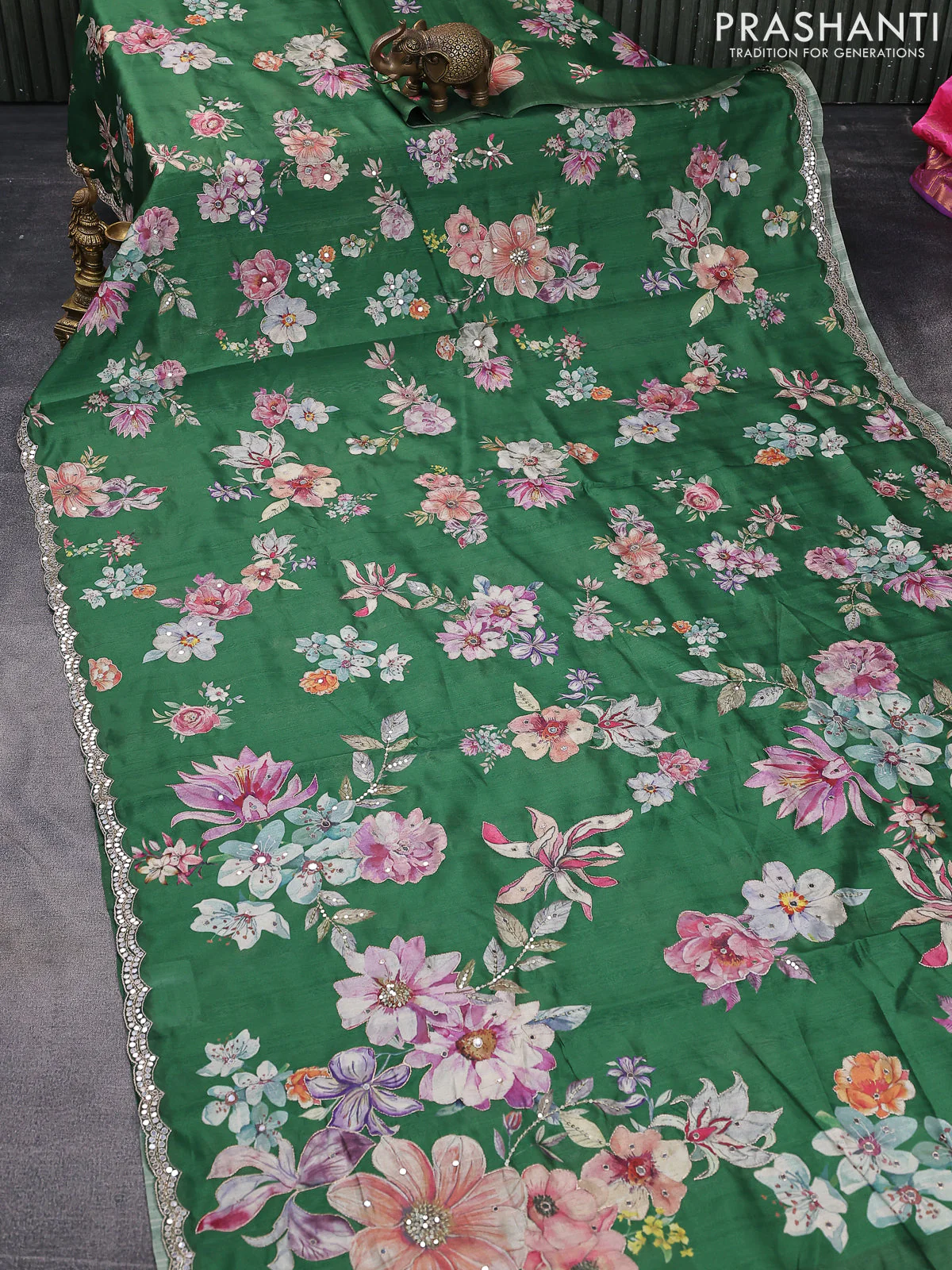 Semi tussar saree green with allover floral prints & mirror sequin work and mirror work border - Image 7
