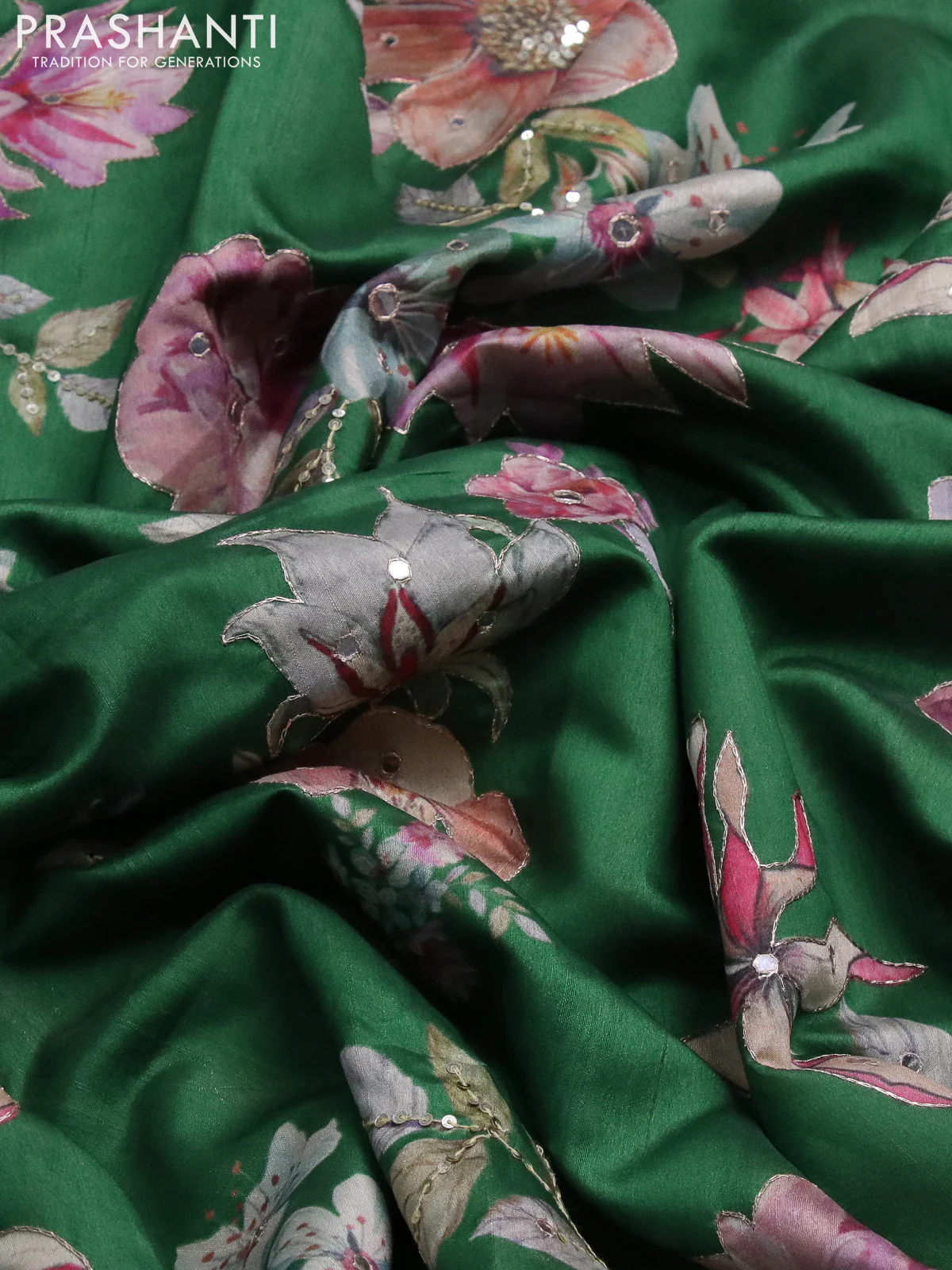 Semi tussar saree green with allover floral prints & mirror sequin work and mirror work border - Image 8
