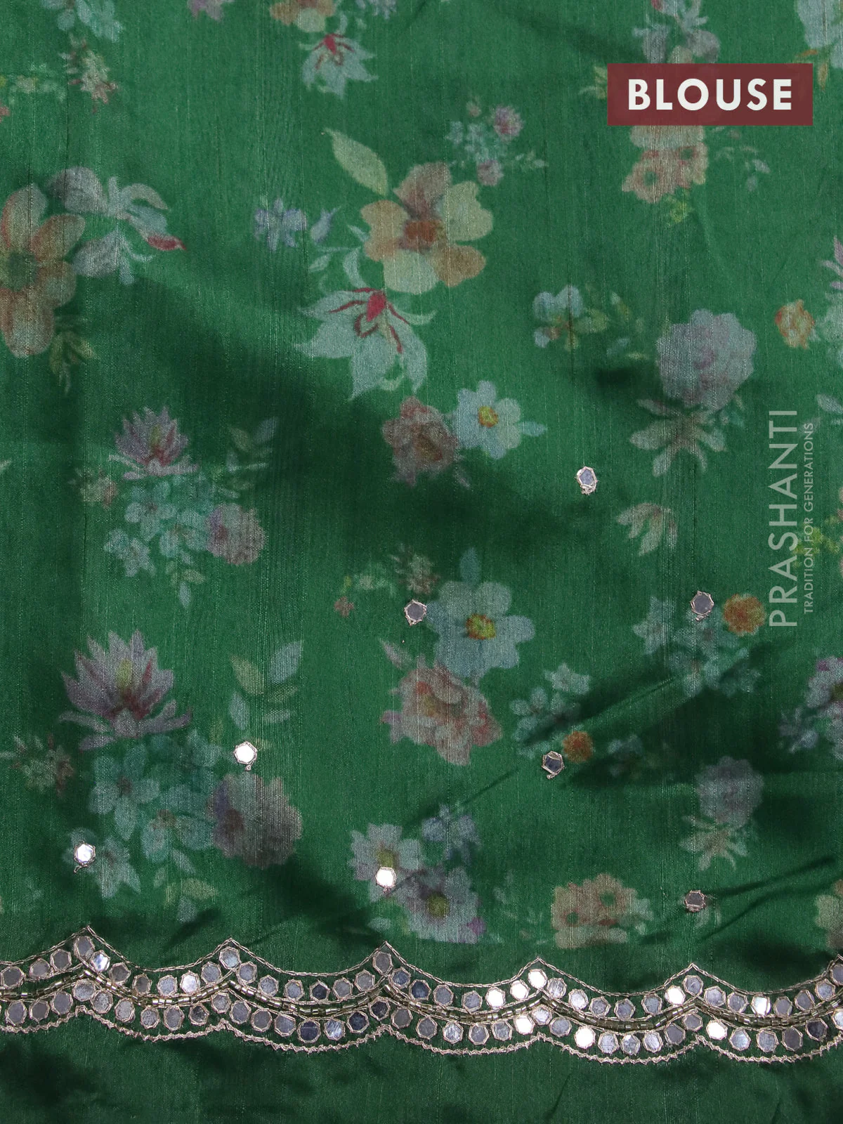 Semi tussar saree green with allover floral prints & mirror sequin work and mirror work border - Image 9