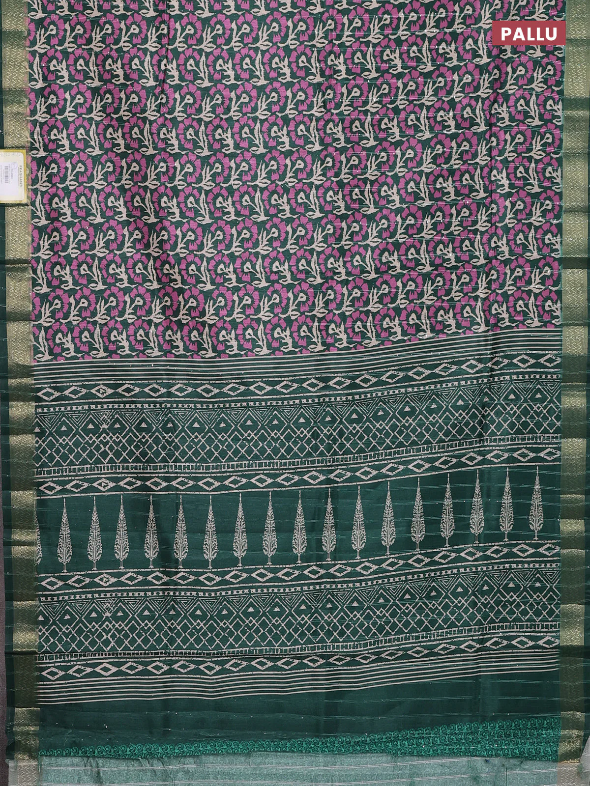 Semi tussar saree green with allover floral prints & sequin work and zari woven border - Image 3