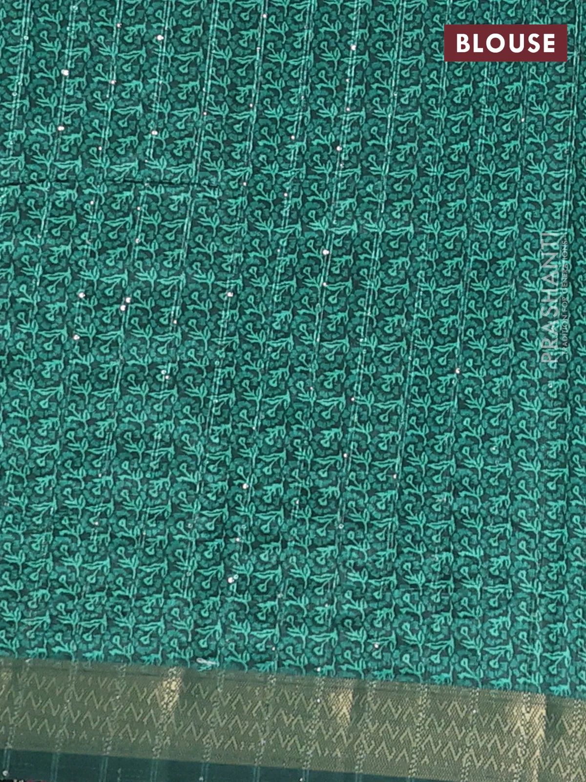 Semi tussar saree green with allover floral prints & sequin work and zari woven border - Image 4