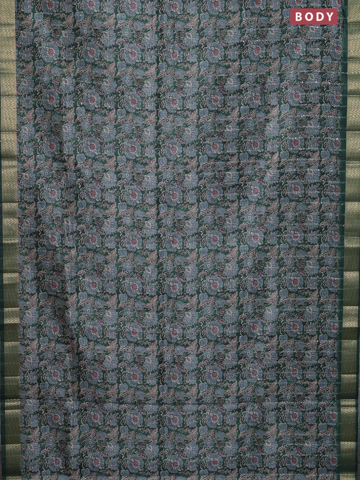 Semi tussar saree green with allover kalamkari prints & sequin work and zari woven border - Image 2