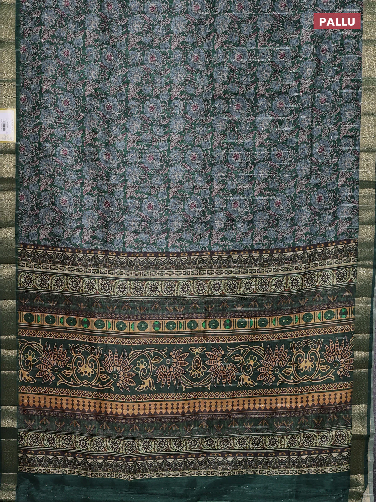 Semi tussar saree green with allover kalamkari prints & sequin work and zari woven border - Image 3
