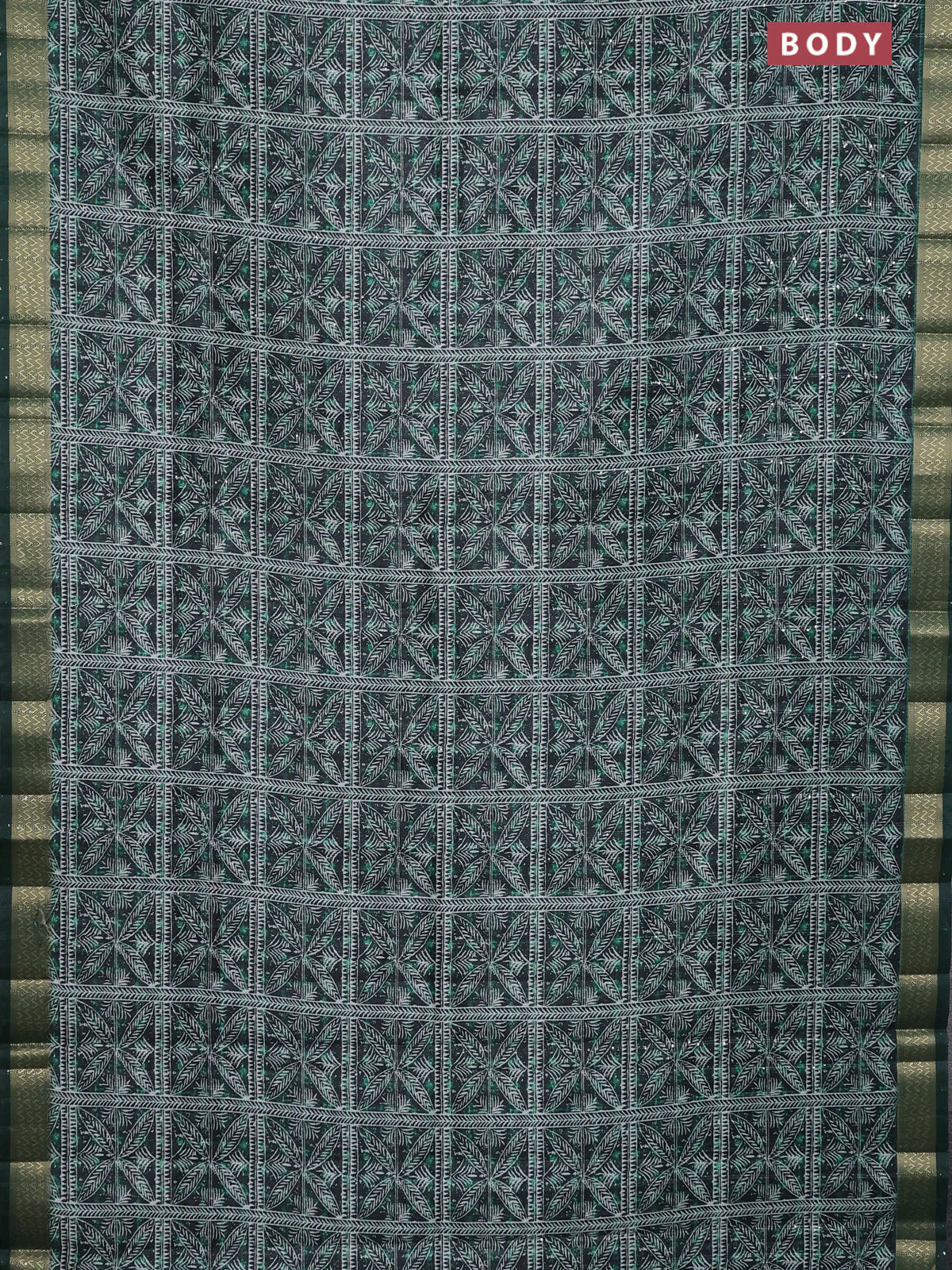 Semi tussar saree green with allover leaf prints & sequin work and zari woven border - Image 2