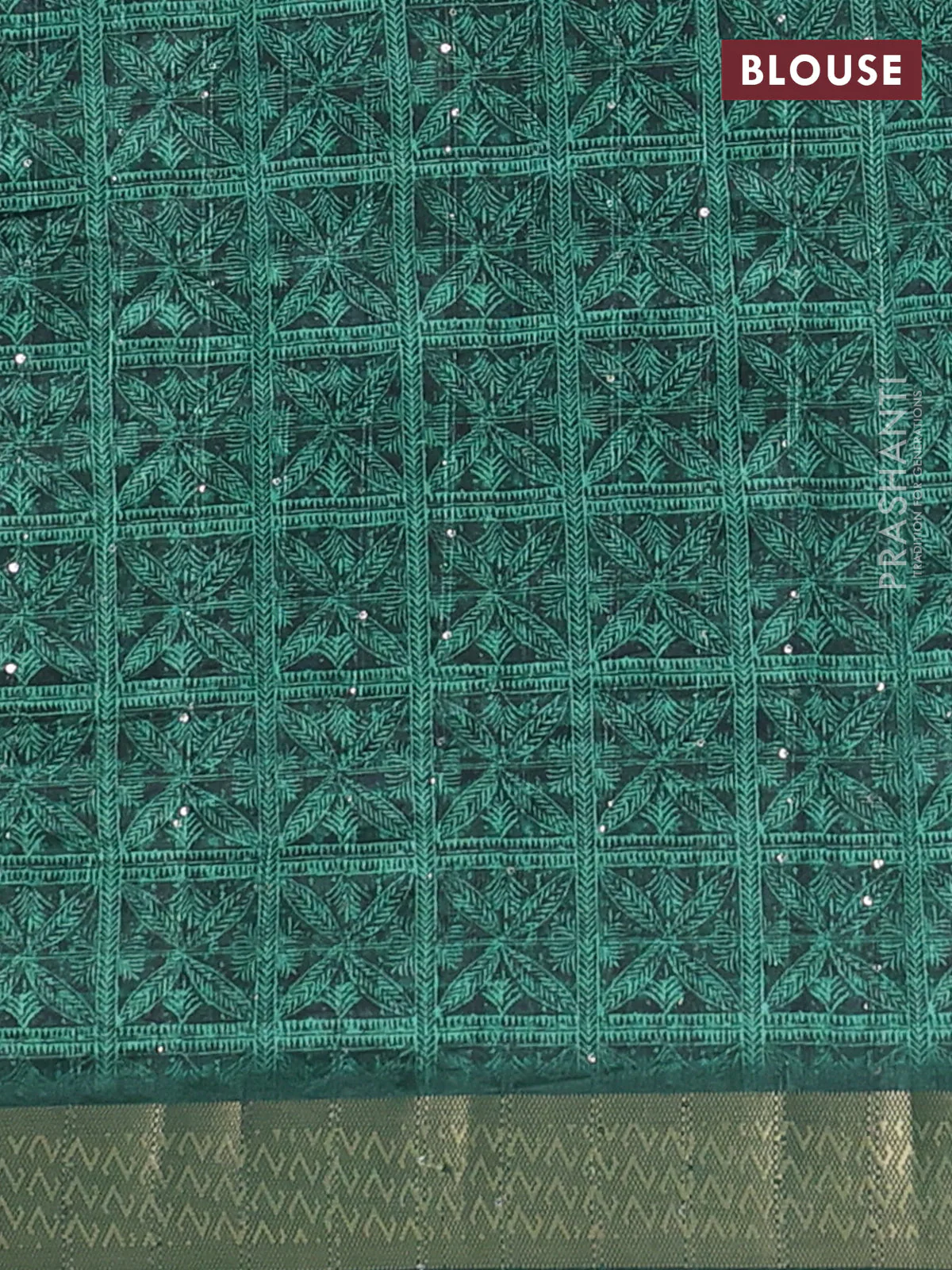 Semi tussar saree green with allover leaf prints & sequin work and zari woven border - Image 4