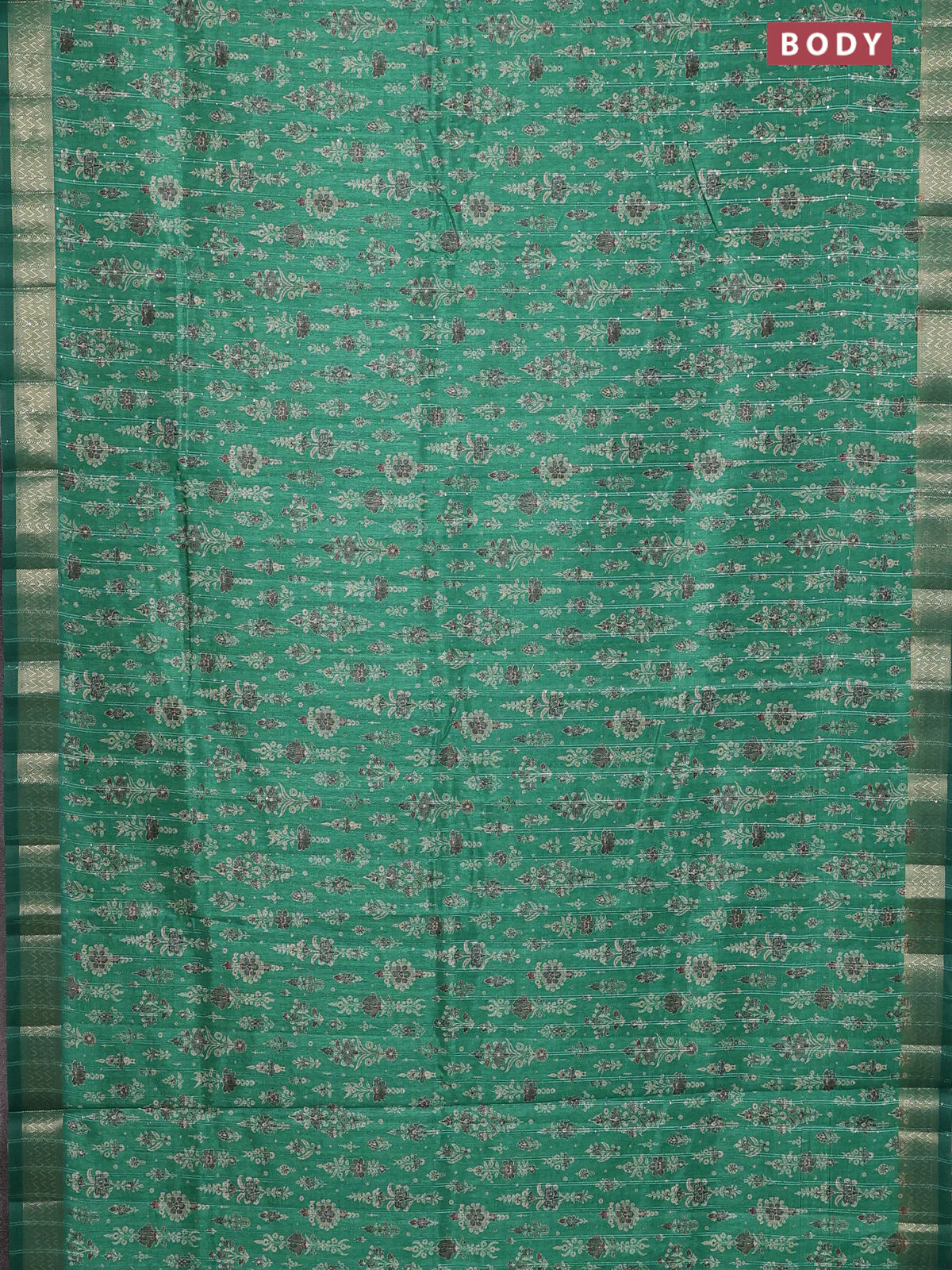 Semi tussar saree green with allover prints & sequin work and zari woven border - Image 2