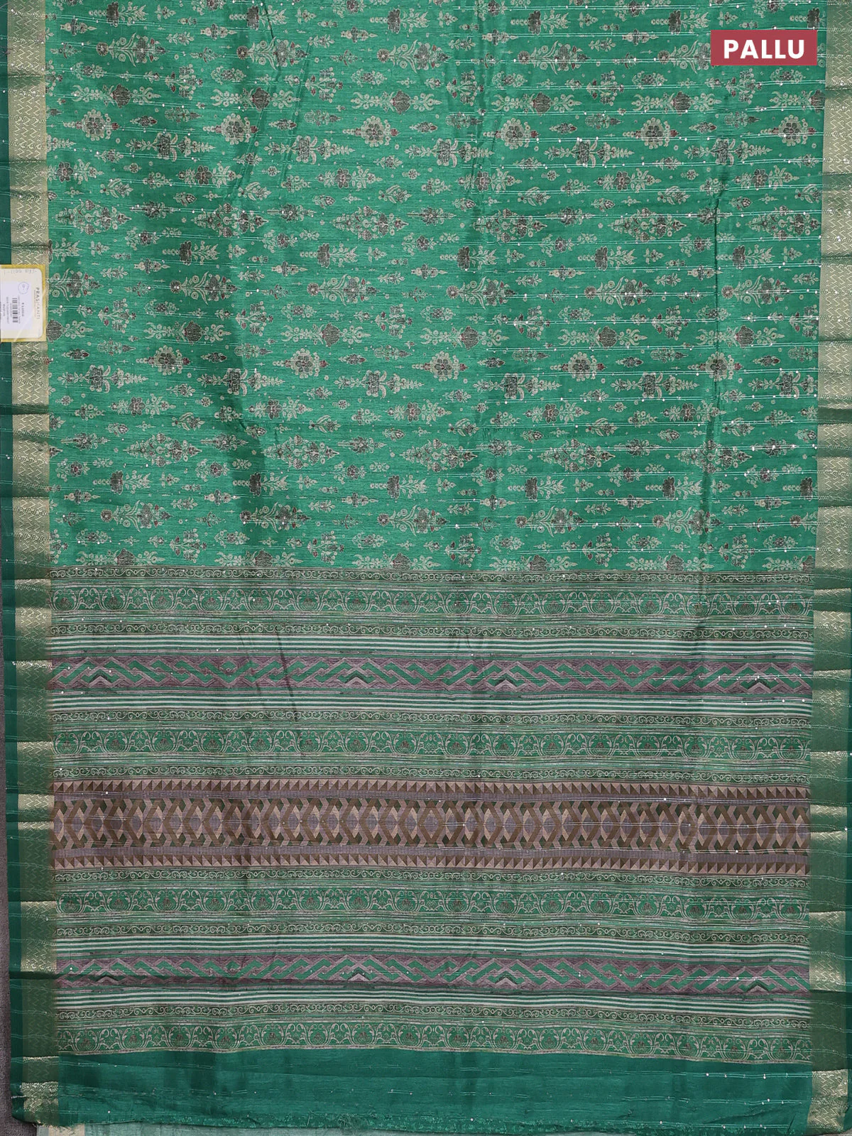 Semi tussar saree green with allover prints & sequin work and zari woven border - Image 3