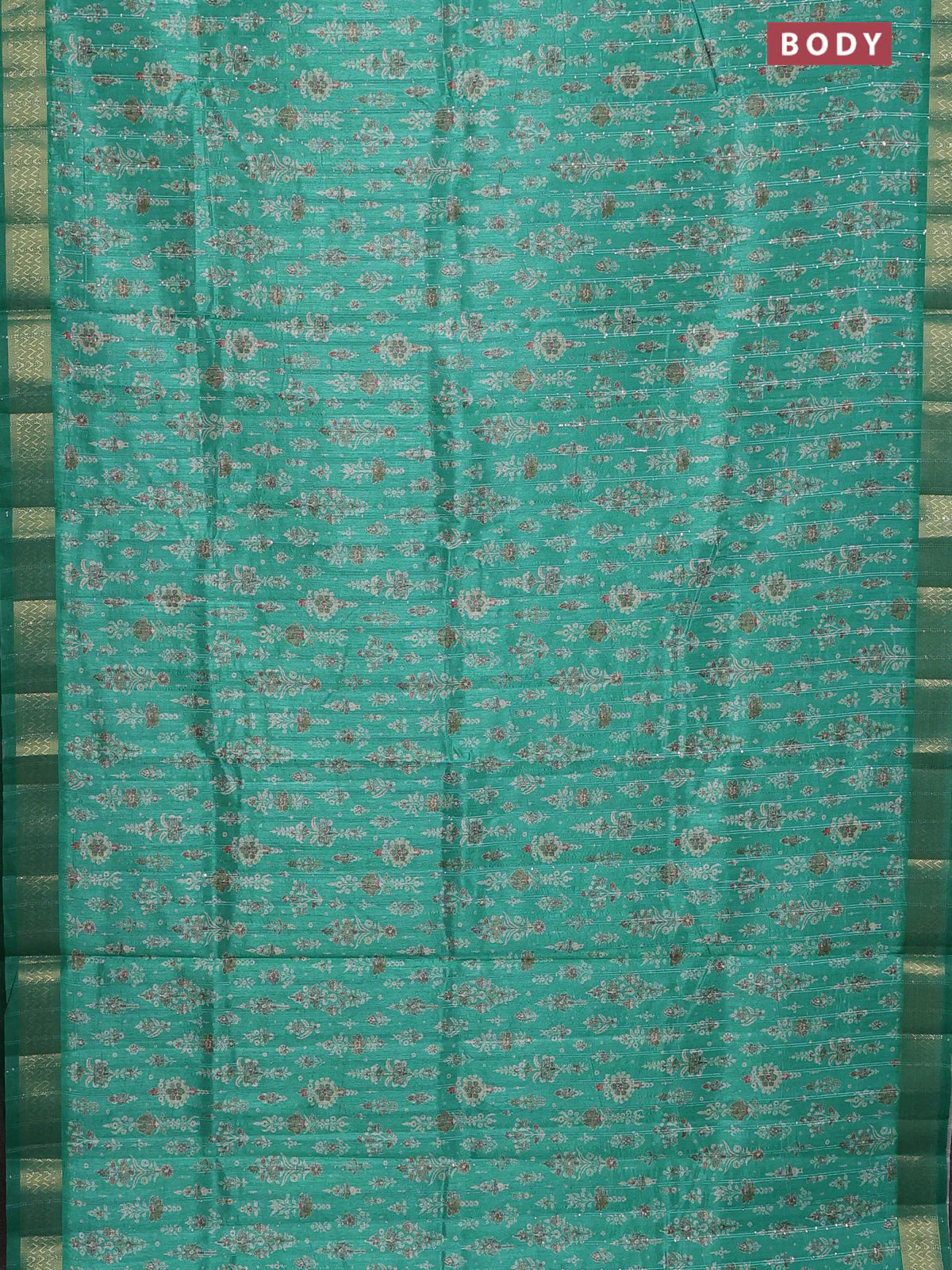Semi tussar saree green with allover prints & sequin work and zari woven border - Image 2