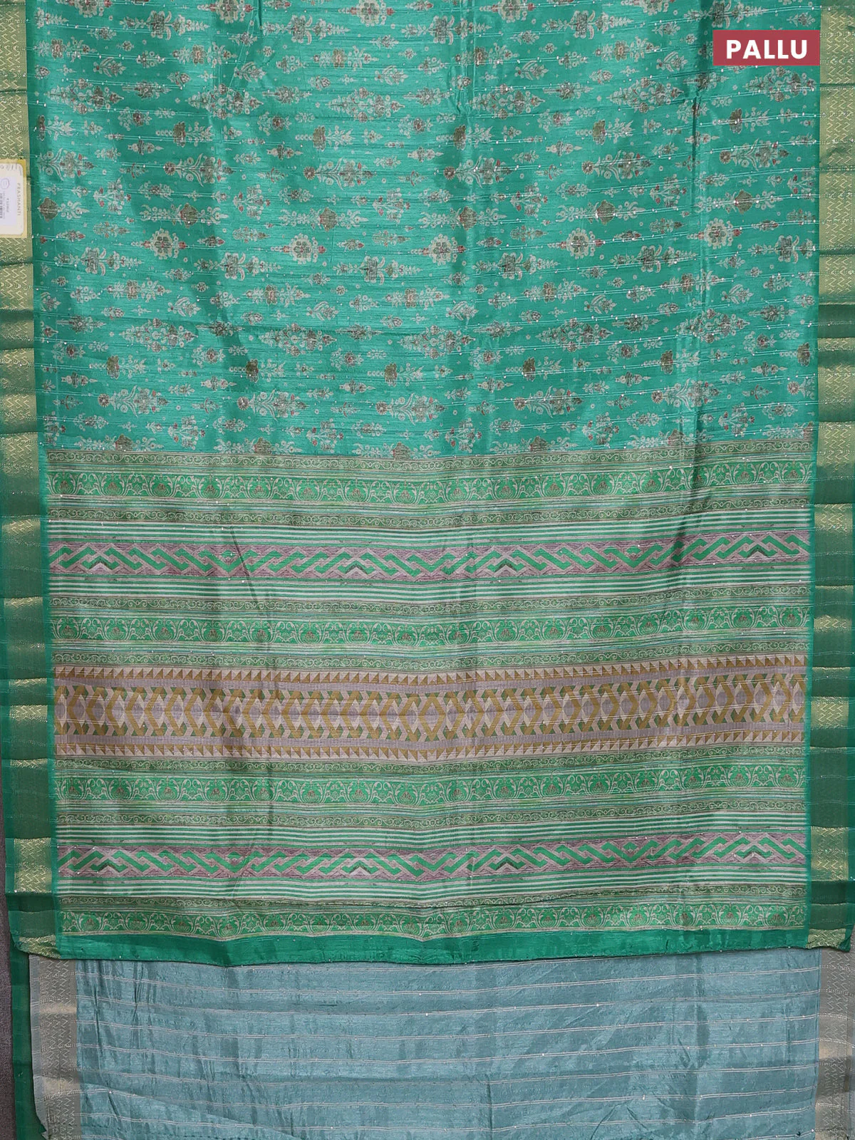 Semi tussar saree green with allover prints & sequin work and zari woven border - Image 3