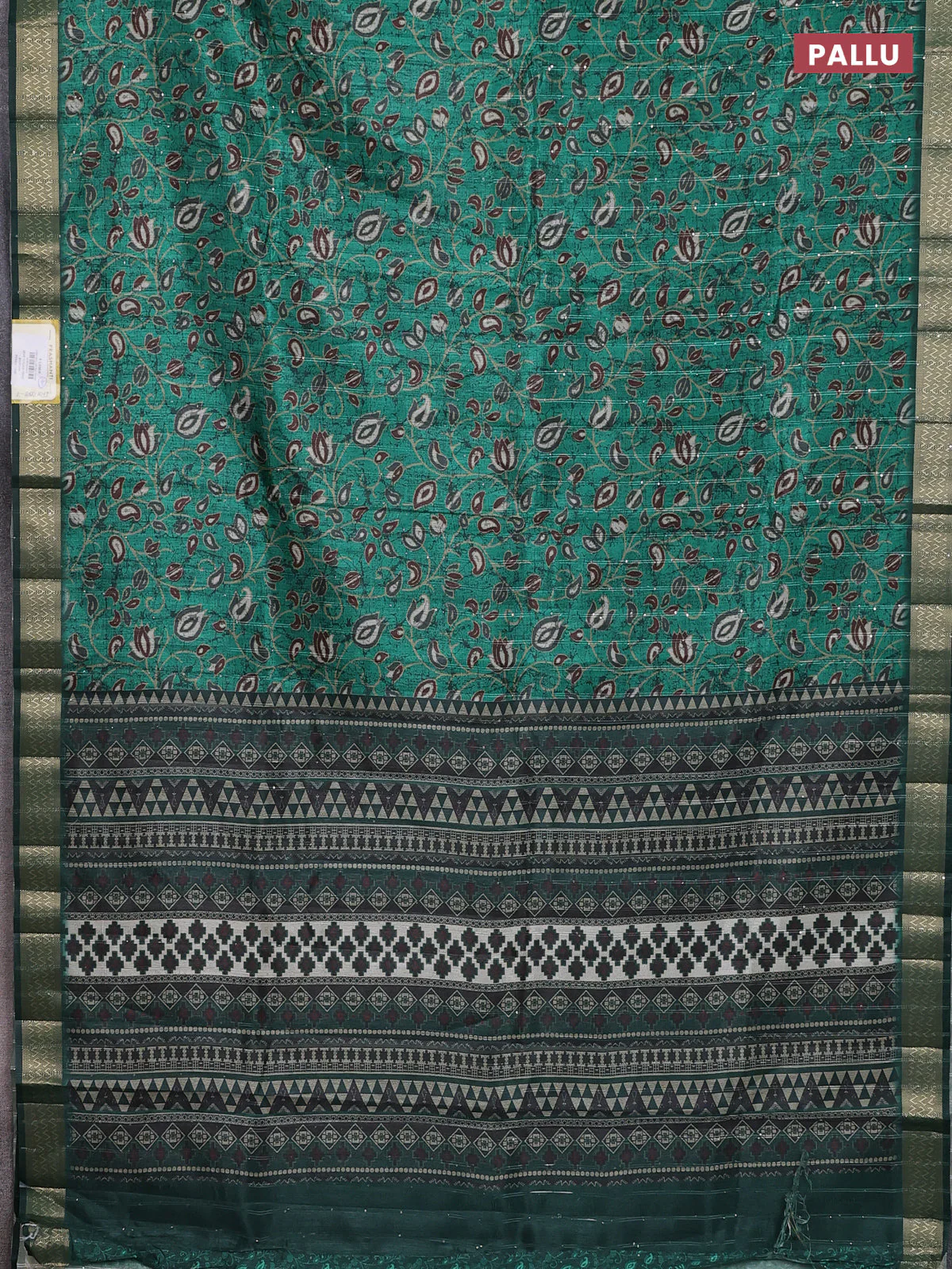 Semi tussar saree green with allover prints & sequin work and zari woven border - Image 3