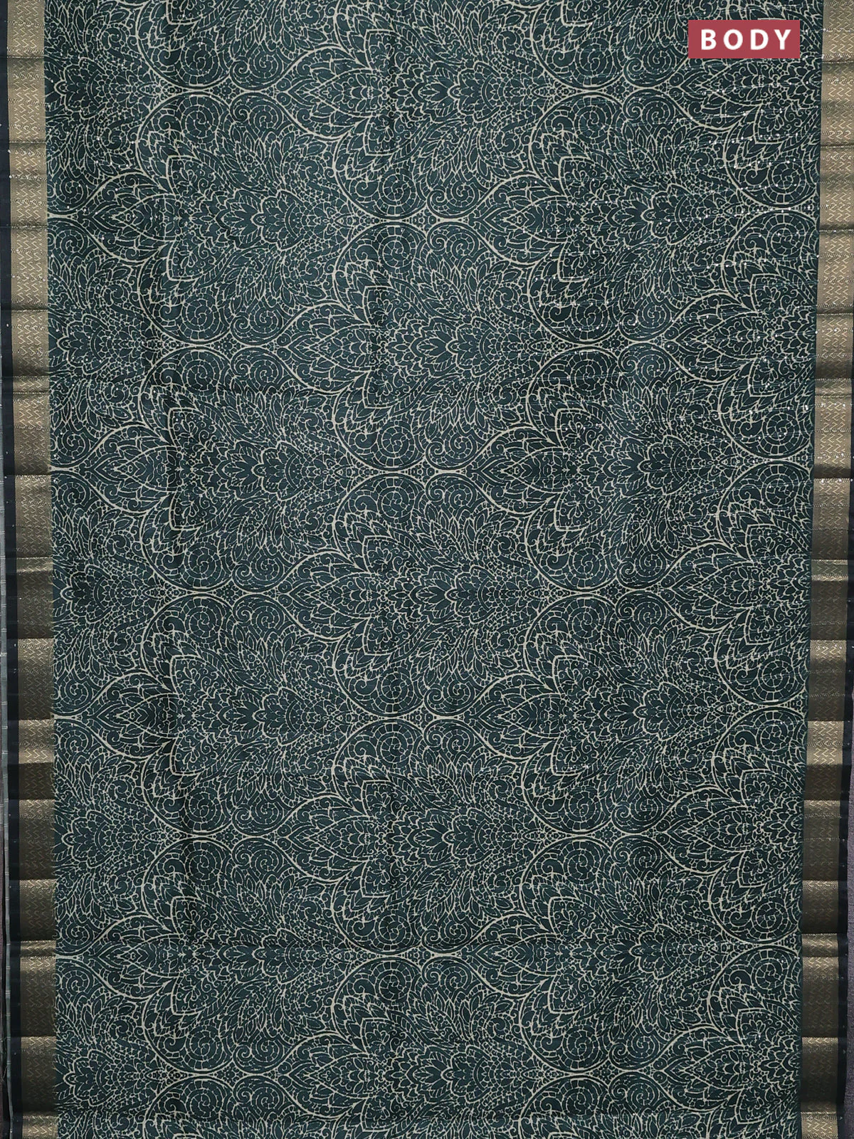 Semi tussar saree green with allover prints & sequin work and zari woven border - Image 2