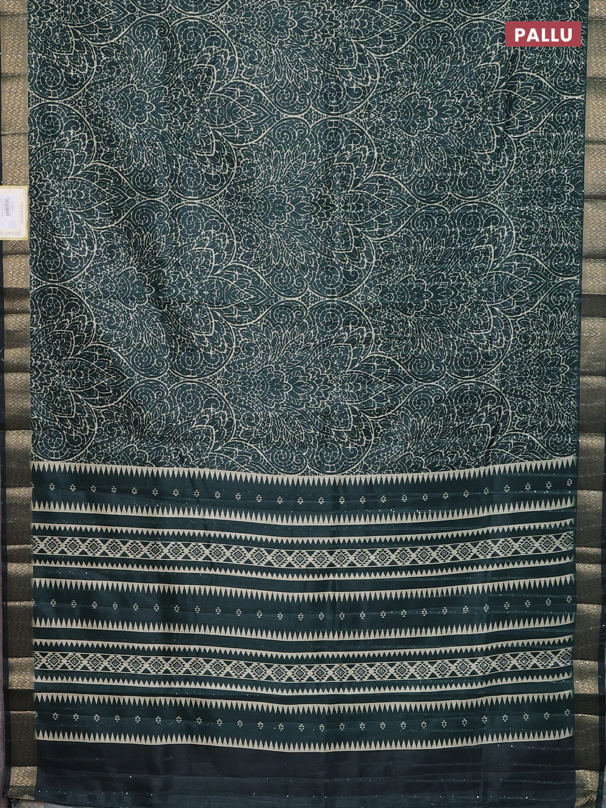 Semi tussar saree green with allover prints & sequin work and zari woven border - Image 3