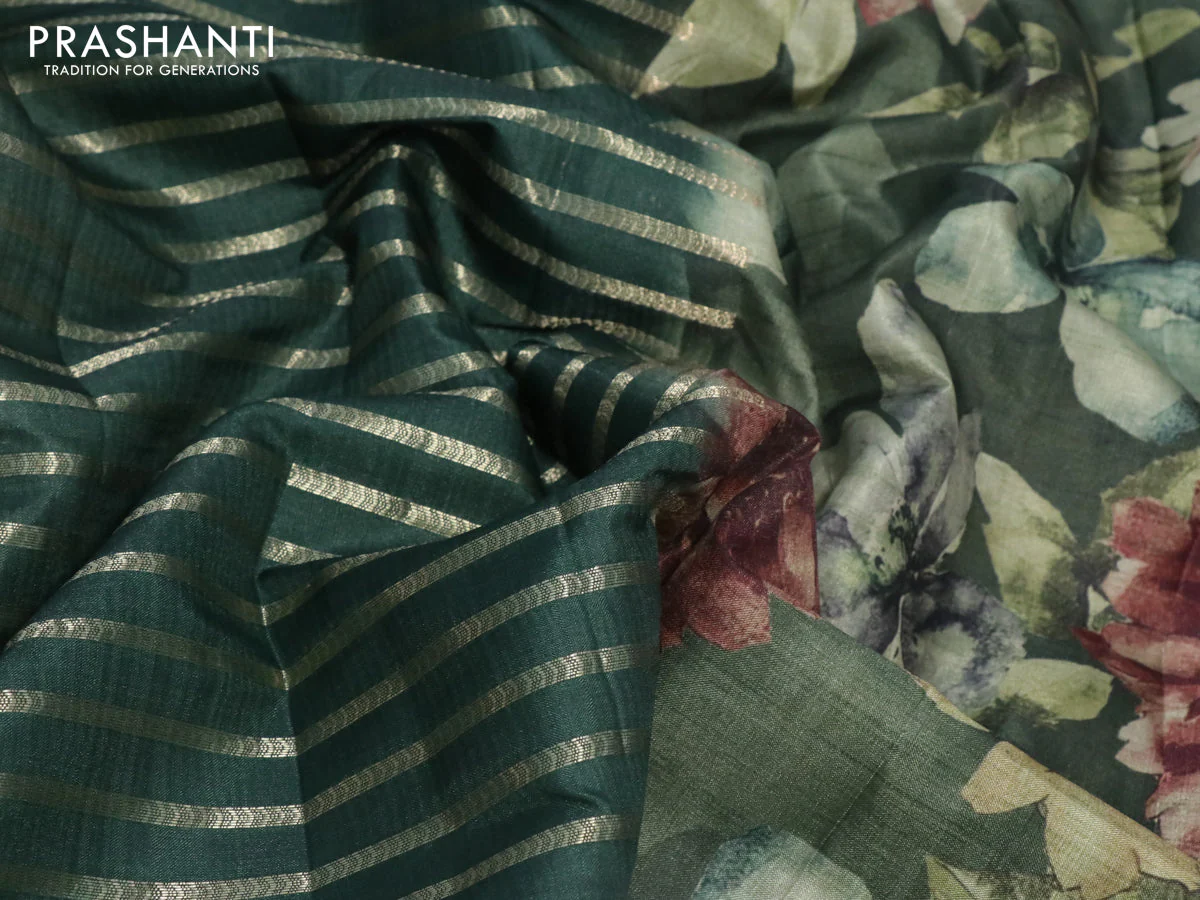Semi tussar saree green with allover zari woven veldhari design and floral printed border - Image 3